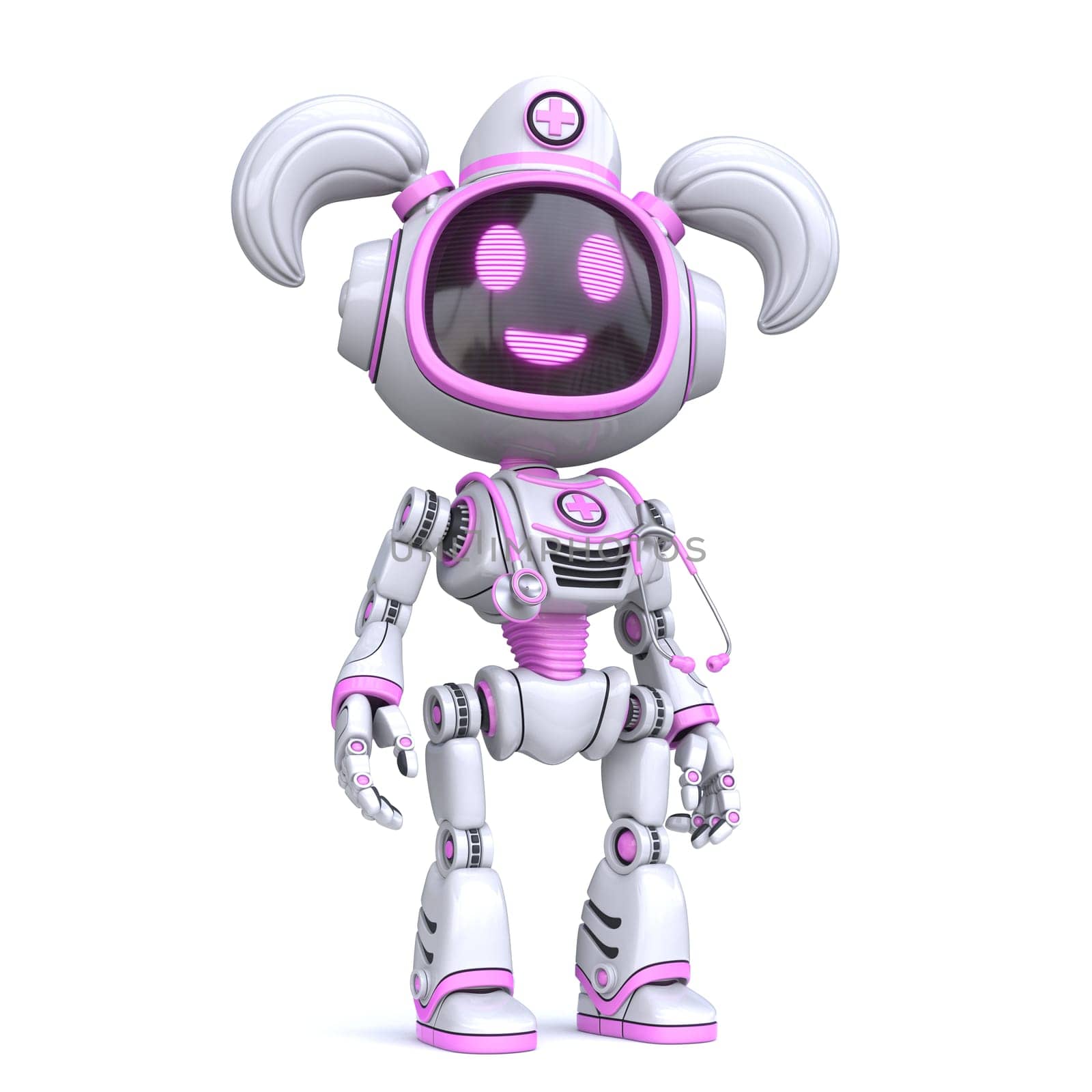 Cute pink girl robot medical doctor 3D rendering illustration isolated on white background