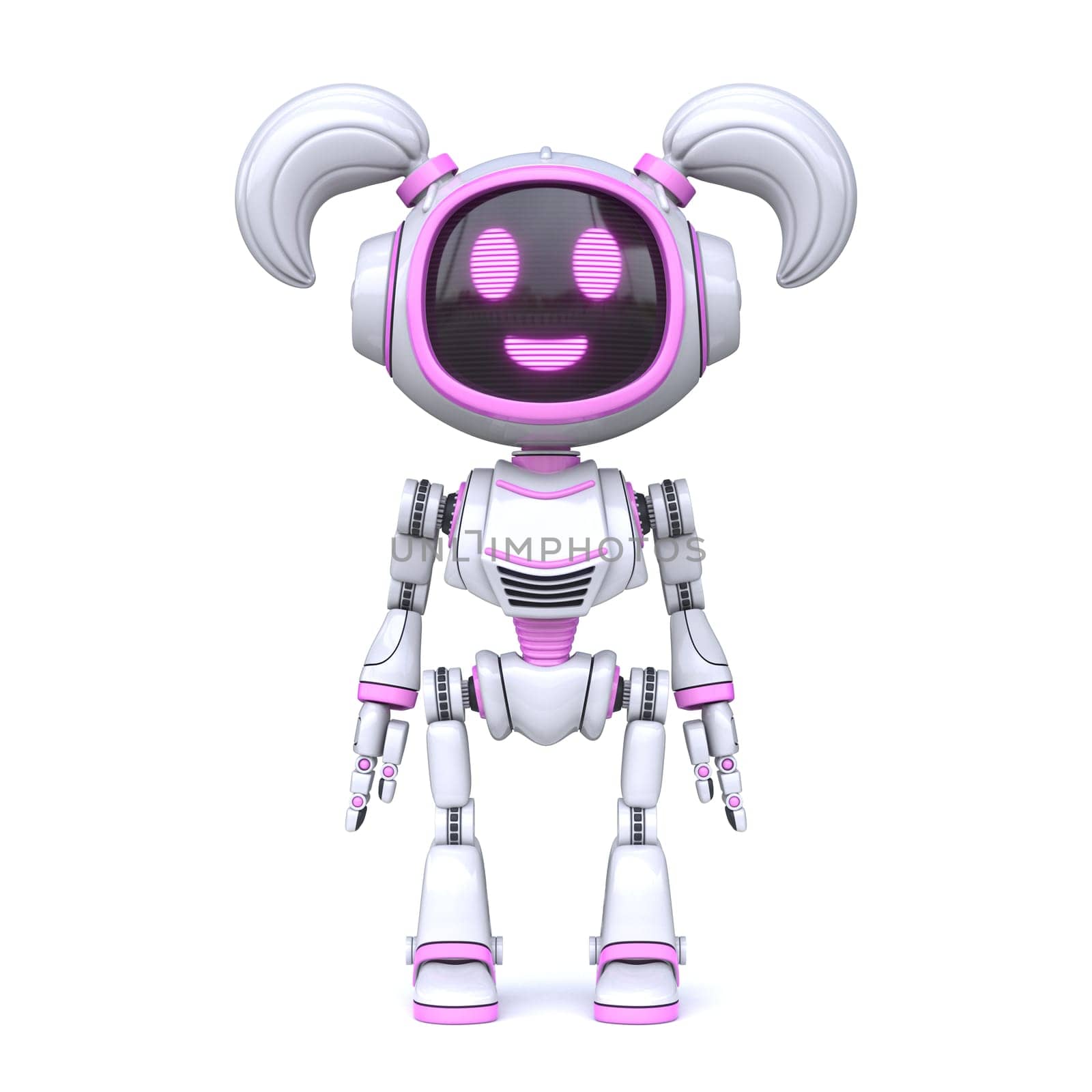 Cute pink girl robot standing 3D rendering illustration isolated on white background