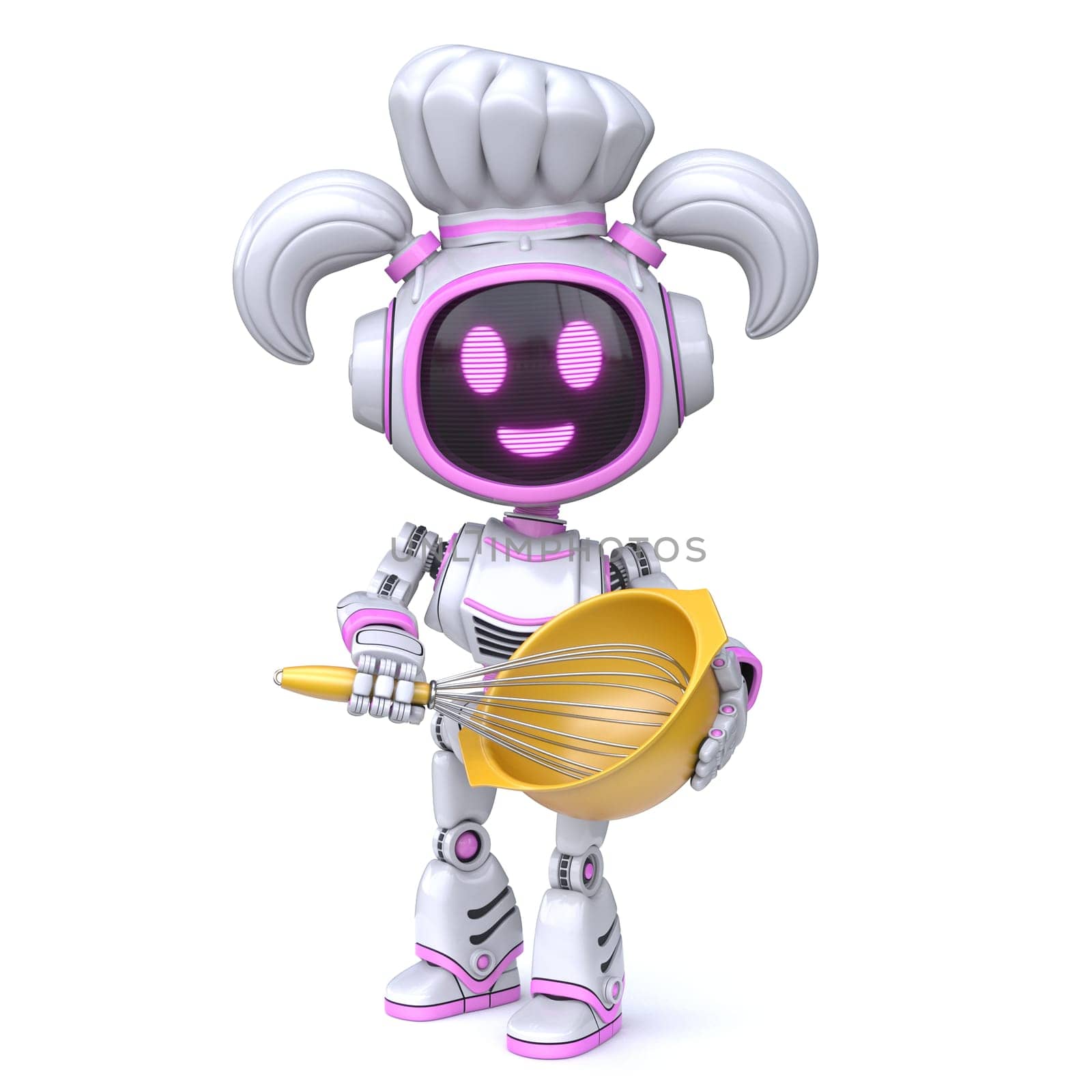 Cute pink girl robot with cooking hat 3D rendering illustration isolated on white background