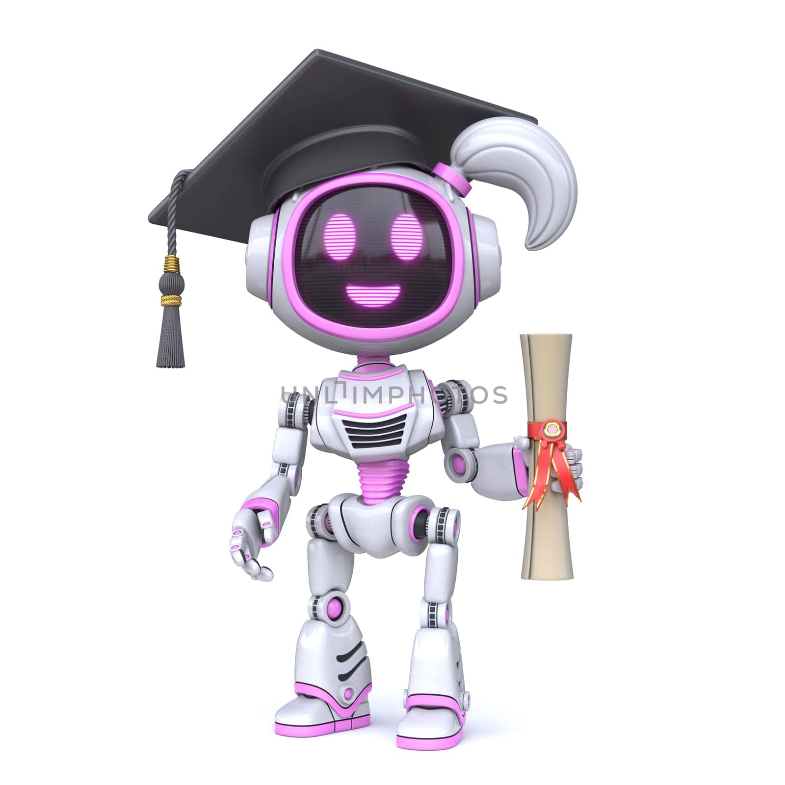 Cute pink girl robot graduate 3D rendering illustration isolated on white background