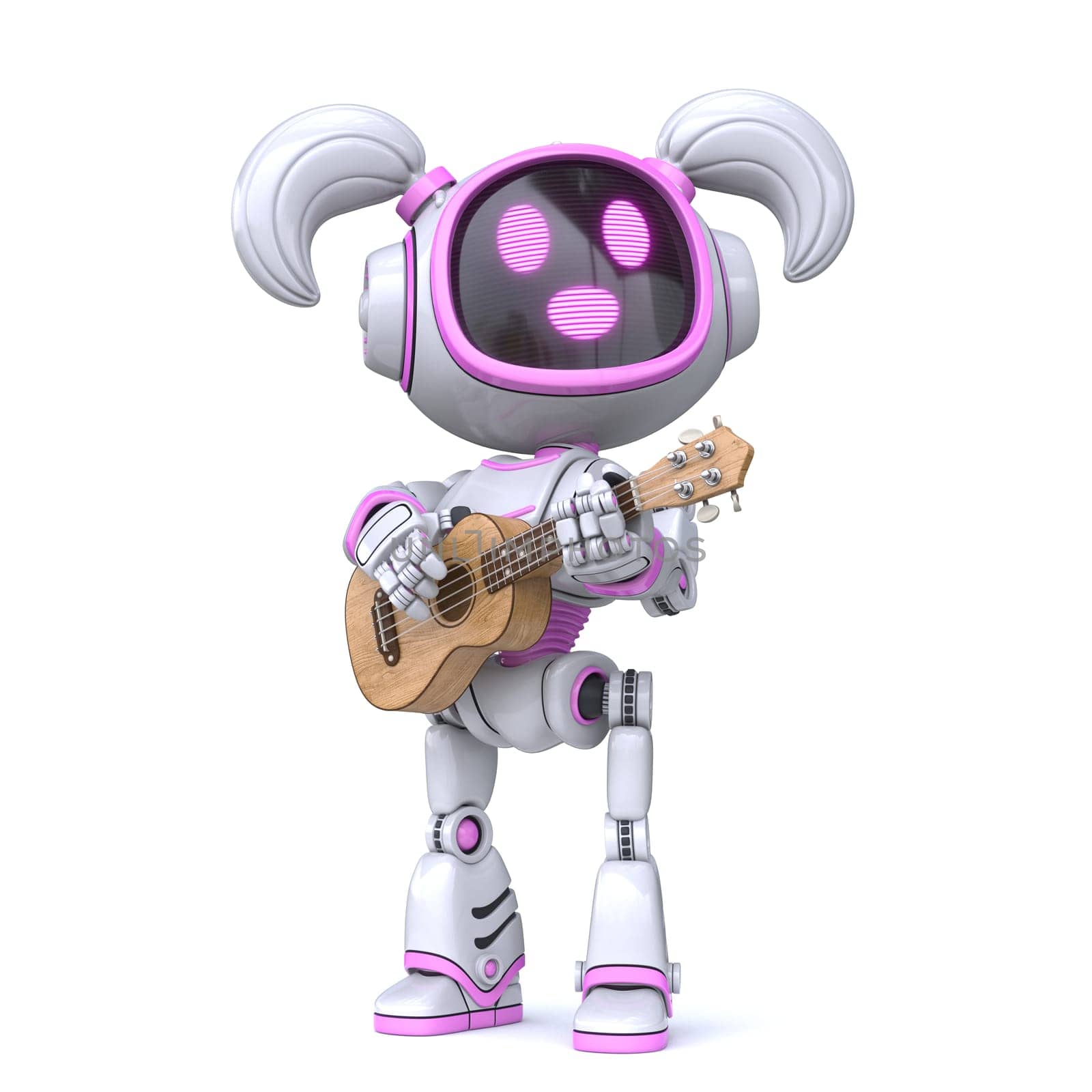 Cute pink girl robot playing ukulele 3D rendering illustration isolated on white background