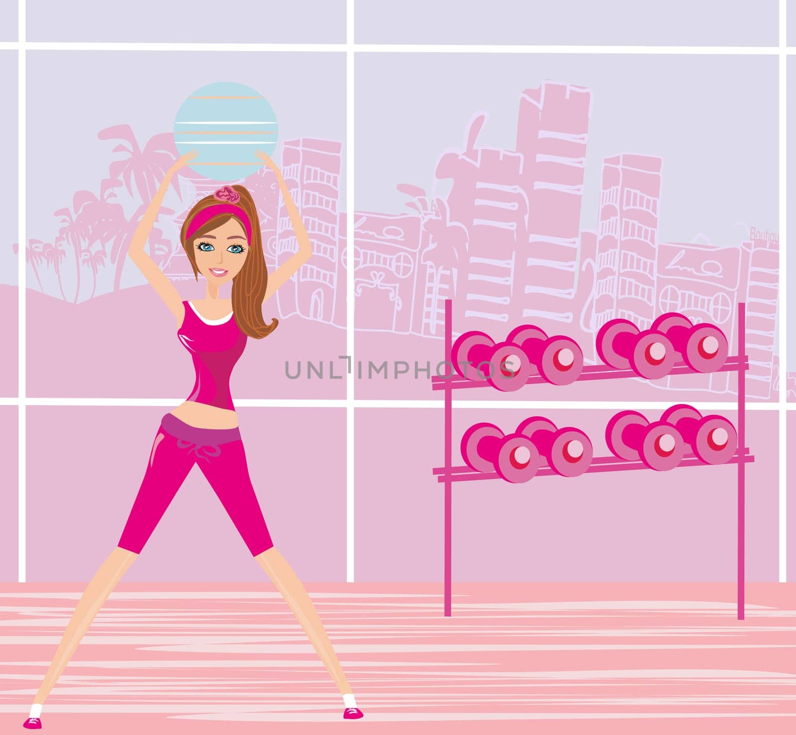 Young smiling woman makes exercise with fitball