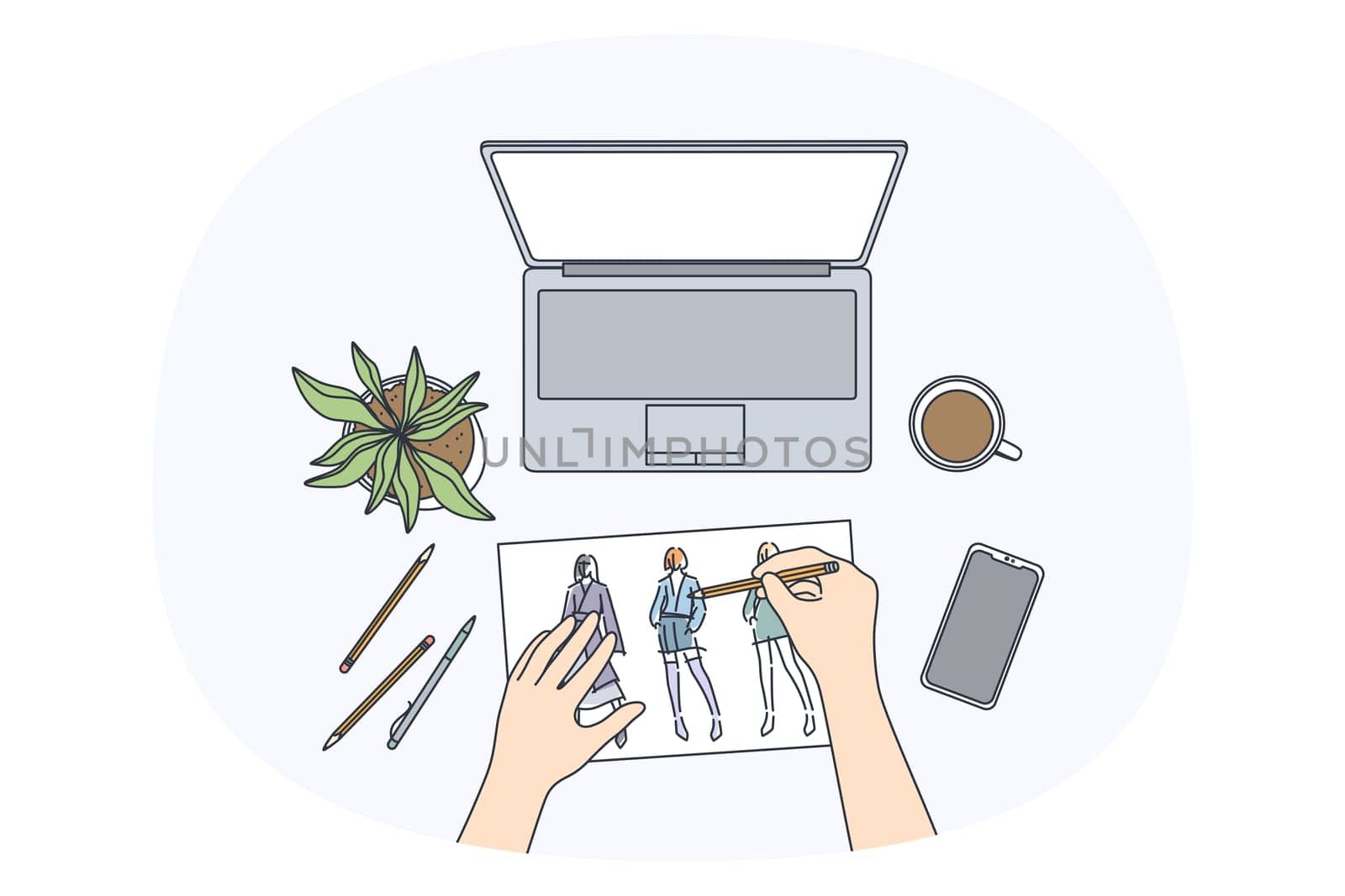 Freelance and design work concept. Top view of human worker hands making design of female clothes at laptop smartphone and coffee on table vector illustration