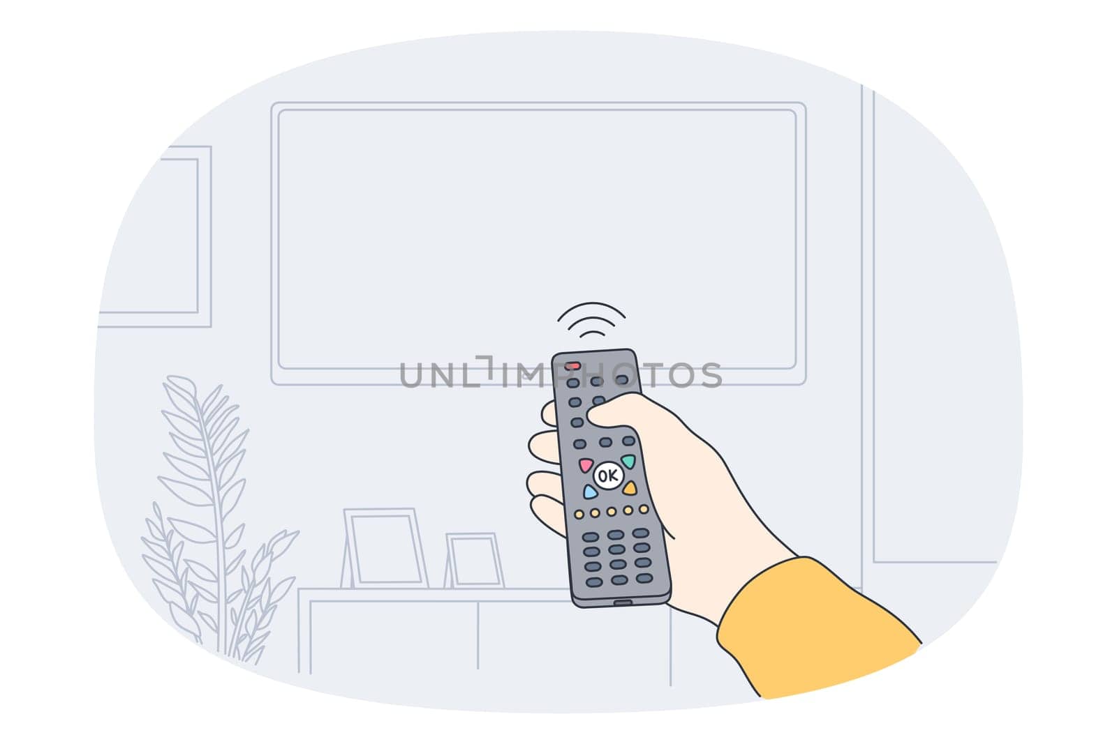 Remote control and entertainment concept. Human hand holding remote controller and switching on television hanging on wall vector illustration