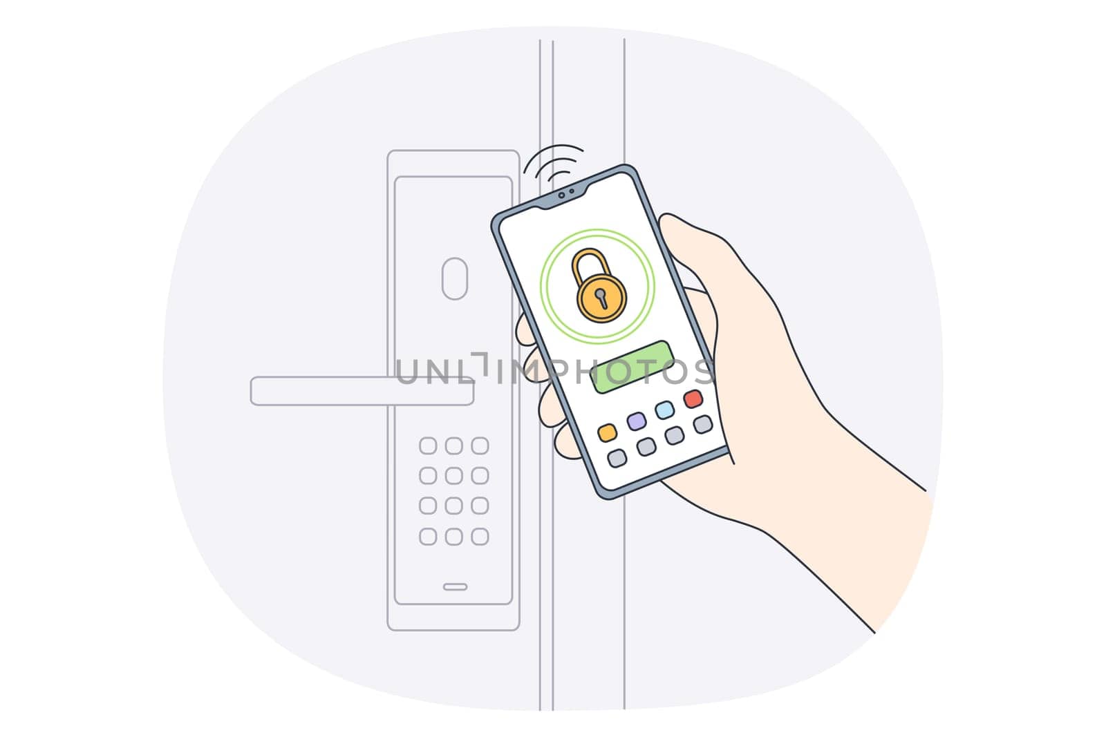 Security control and unlocking concept. Human hand holding smartphone with personal data information and safety unlocking door vector illustration