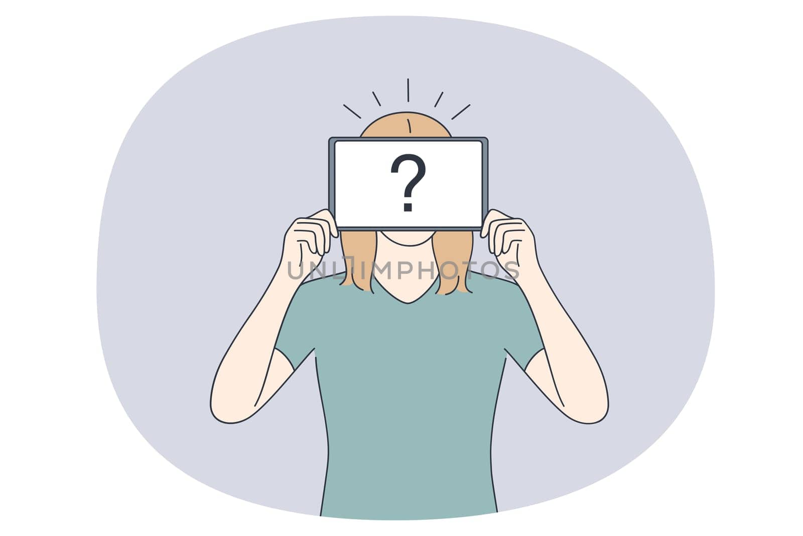 Question Asking and doubt concept. Young woman standing holding sign in hands with question mark on it feeling frustrated vector illustration