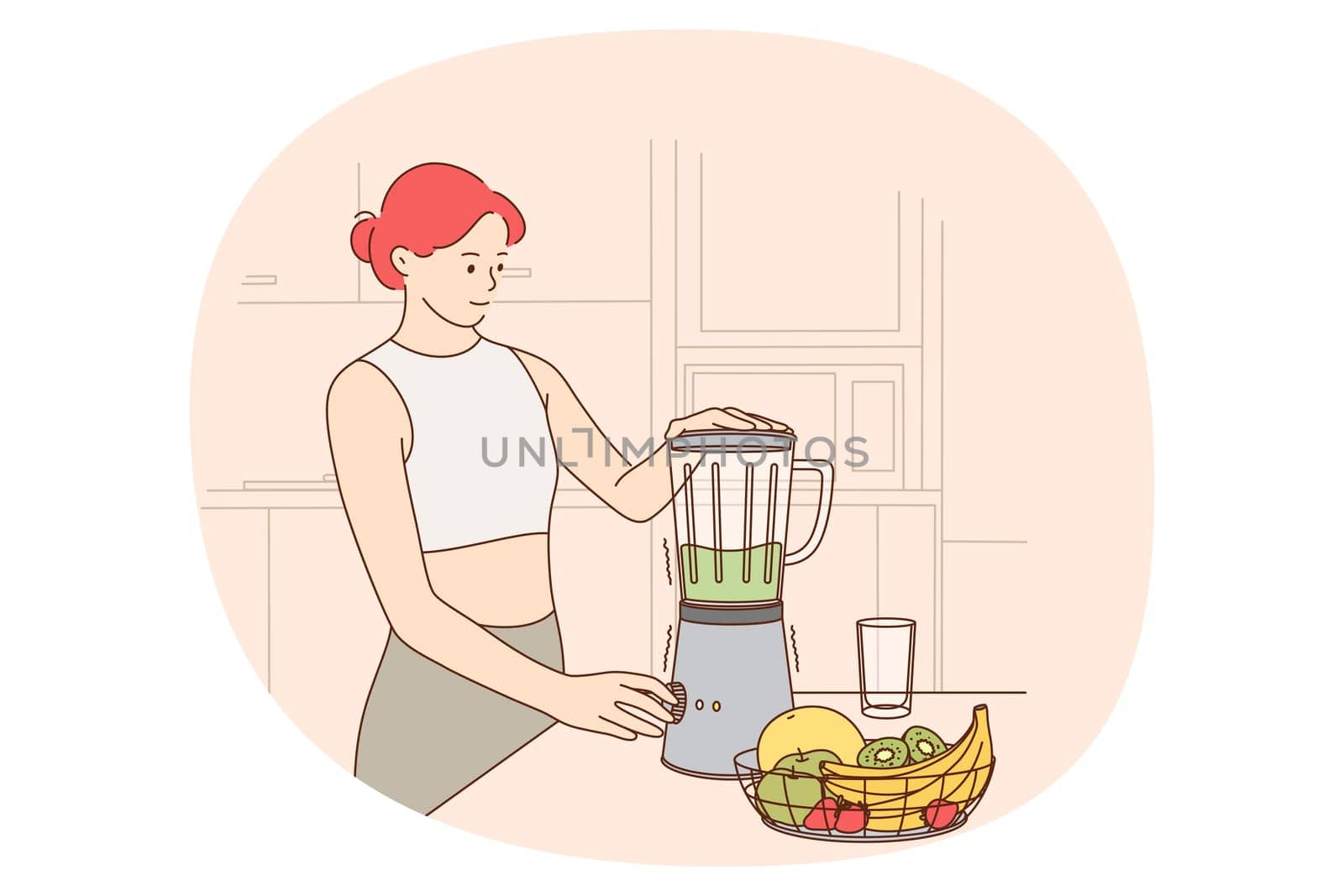 Healthy eating and lifestyle concept. Young smiling slim woman standing and making green smoothies with fresh fruits and veggies in blender in kitchen vector illustration