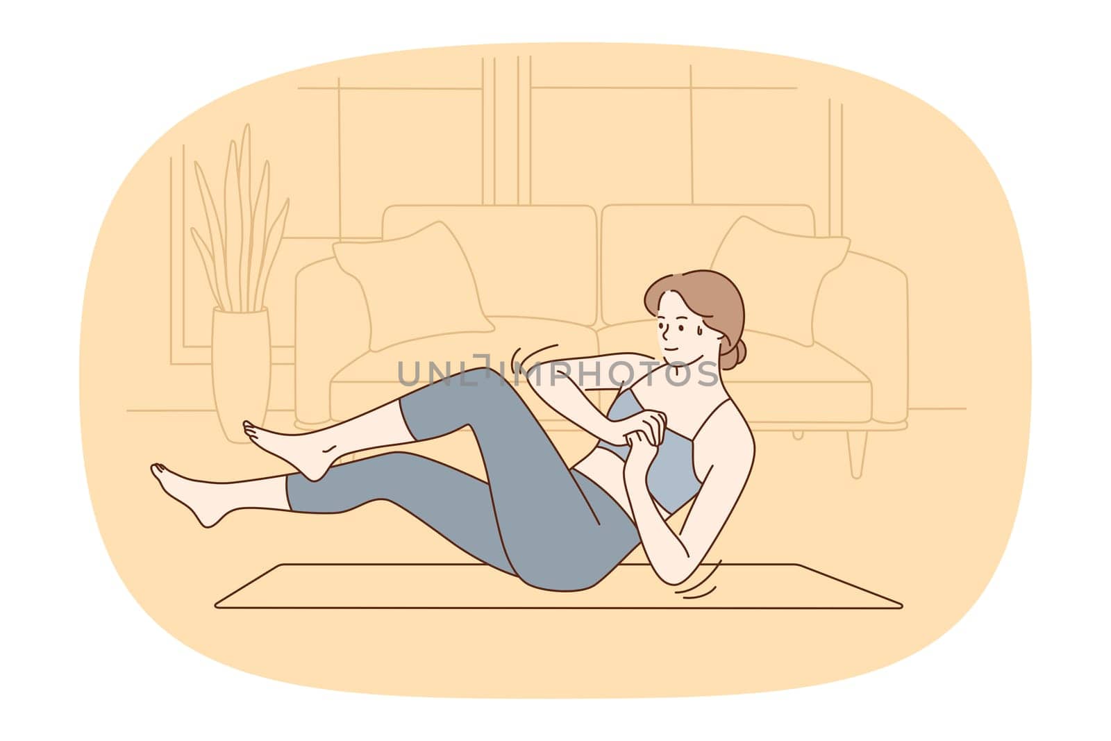 Living sports lifestyle at hole concept. Young smiling woman doing workout making abs exercise fitness on mat at home vector illustration