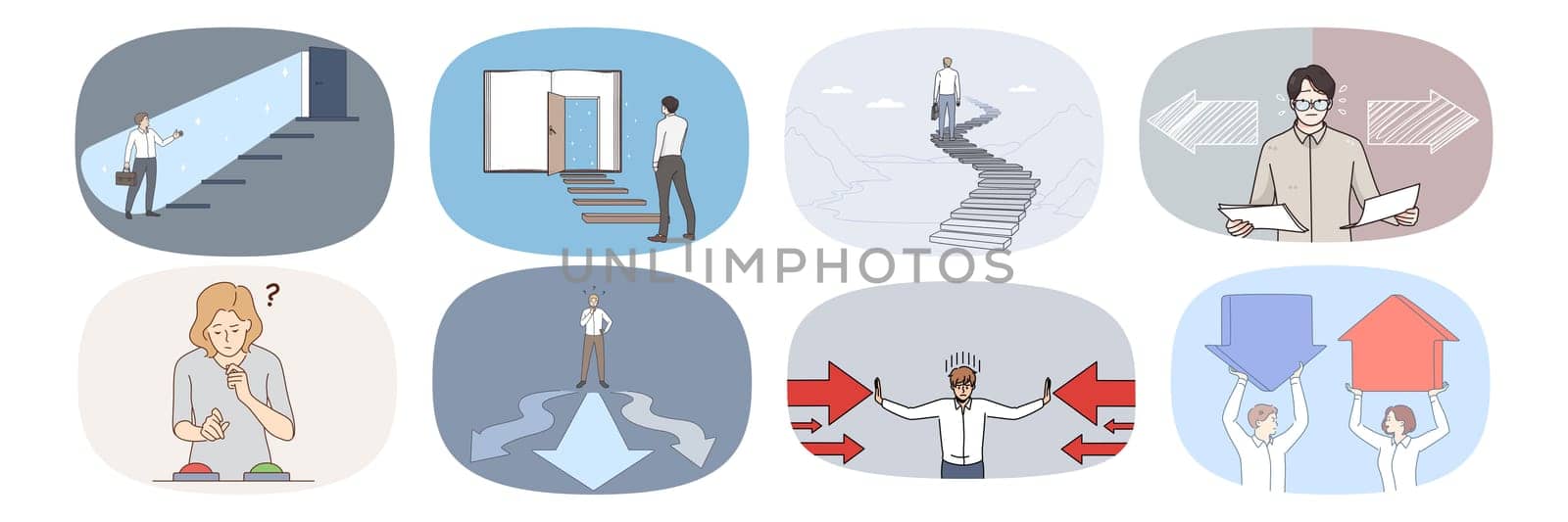Set of people feel confused think make decision or choice. Collection of businesspeople frustrated with solution or dilemma. Career achievement or goal accomplishment. Vector illustration.