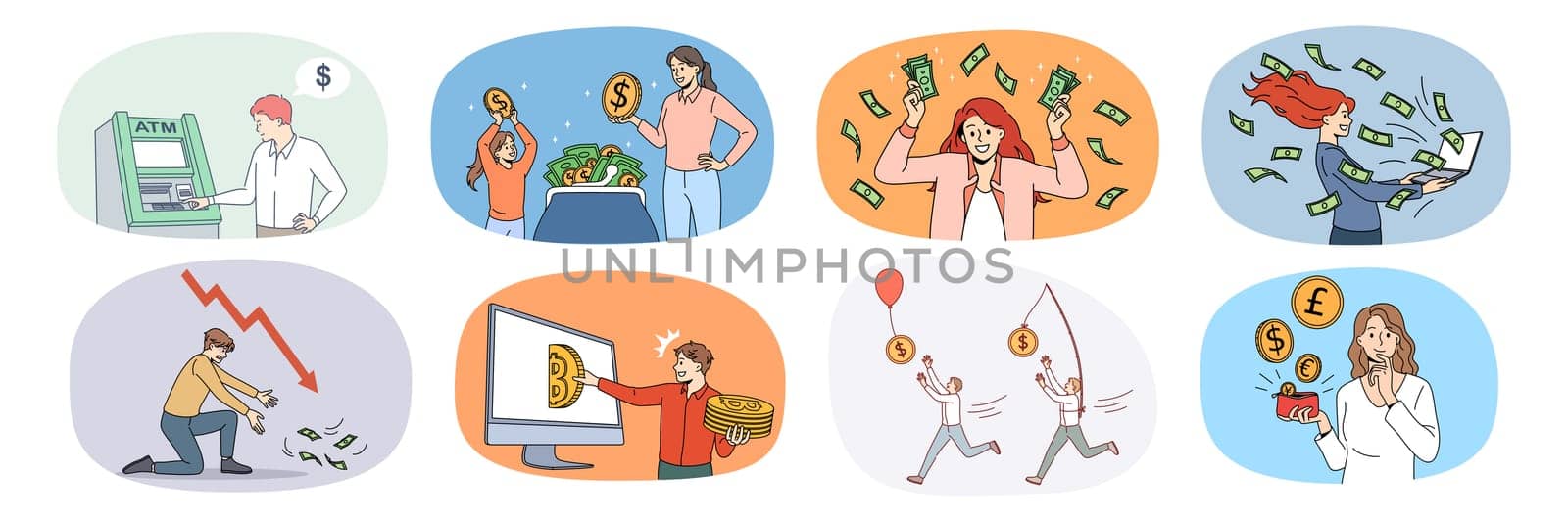 Collection of diverse people excited with money income or profit. Set of men and women plan budget manage expenses and expenditures. Finance and banking. Vector illustration.