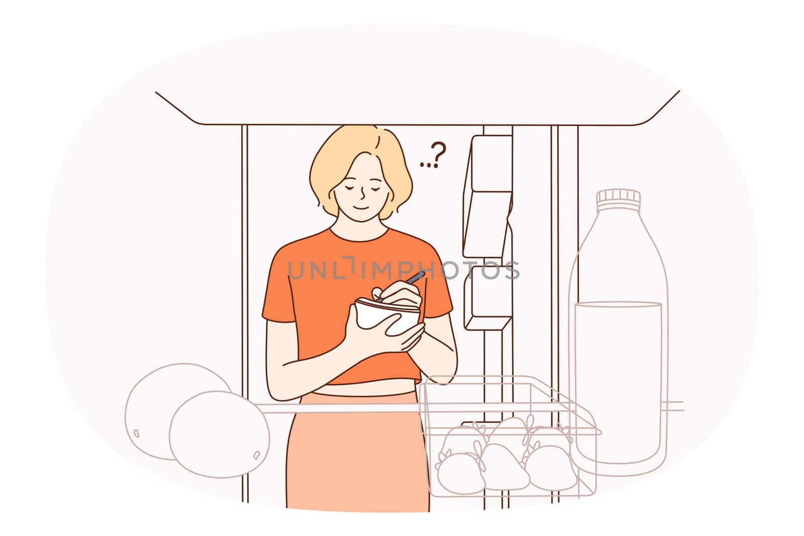 Making list of purchase concept. Smiling woman standing over open fridge and making notes with products to buy in supermarket vector illustration