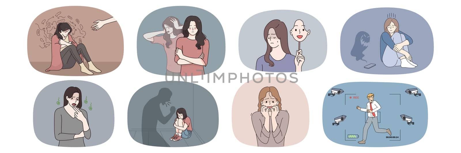 Set of unhappy stressed people struggle with paranoid or panic attack. Collection of distressed men and women suffer from violence or abuse feeling fear and scare. Phobia concept. Vector.