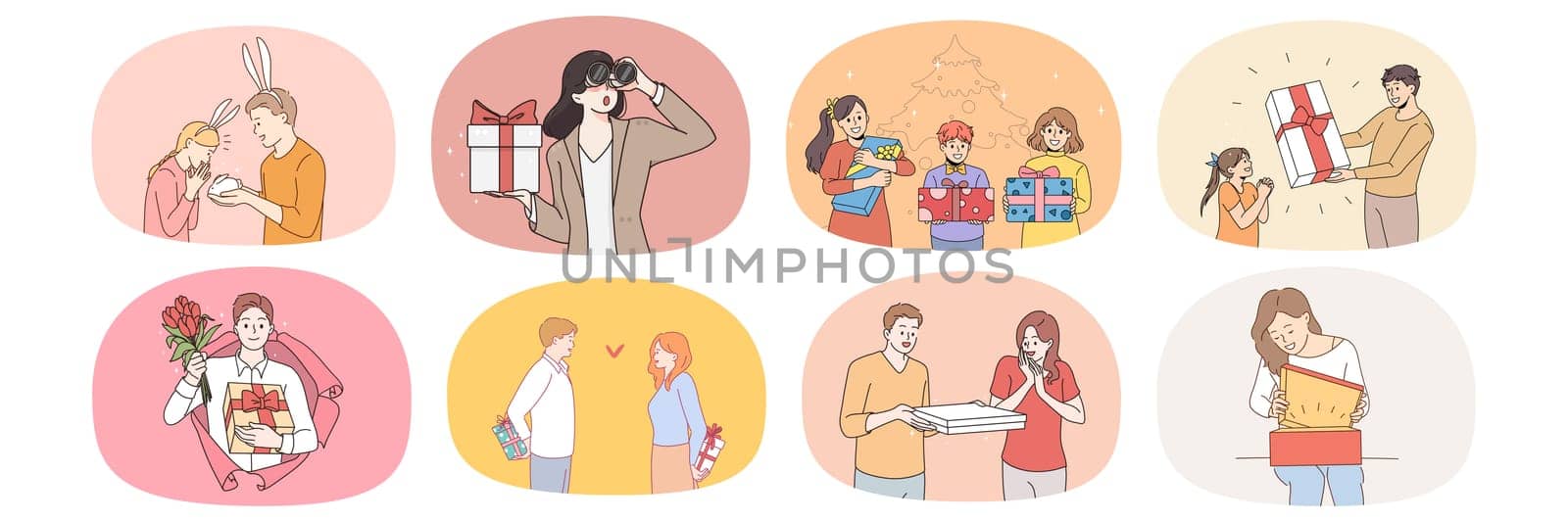 Set of people feel excited with presents and giftboxes. Collection of men and women receive gifts for birthday or special occasion. Greeting and celebration. Flat vector illustration.