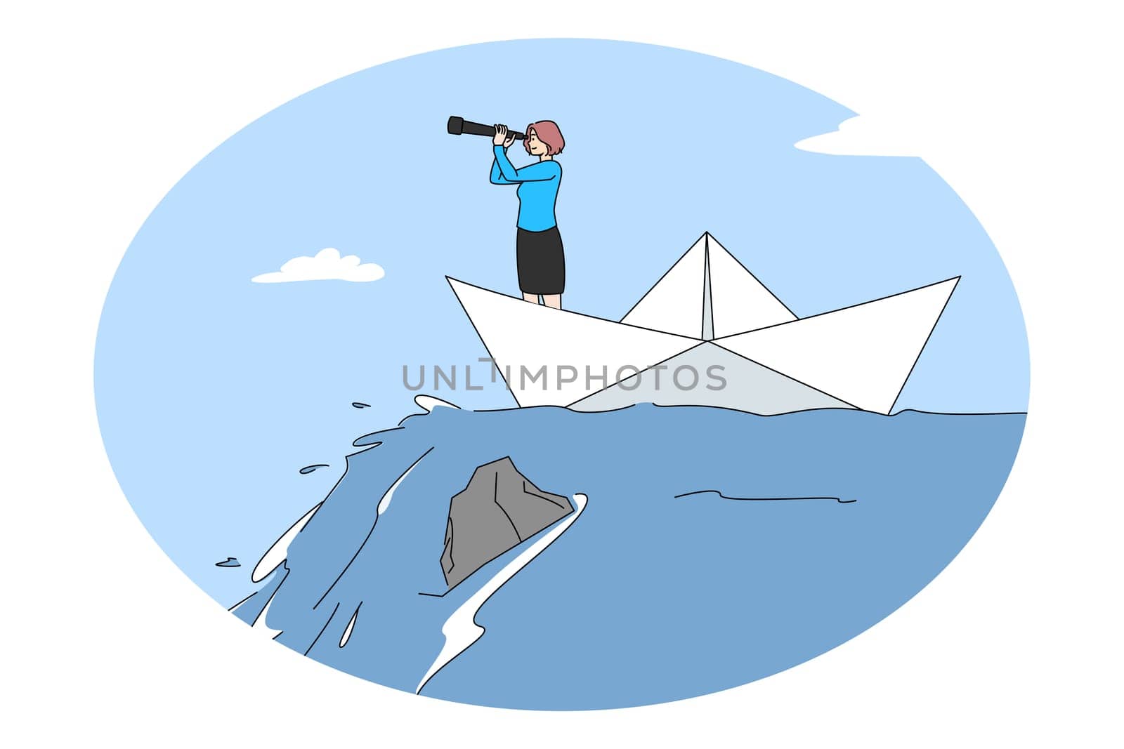 Businesswoman with spyglass in paper ship going to financial crisis or failure. Female employee or worker having problems with finances and career. Bankruptcy and risk. Vector illustration.