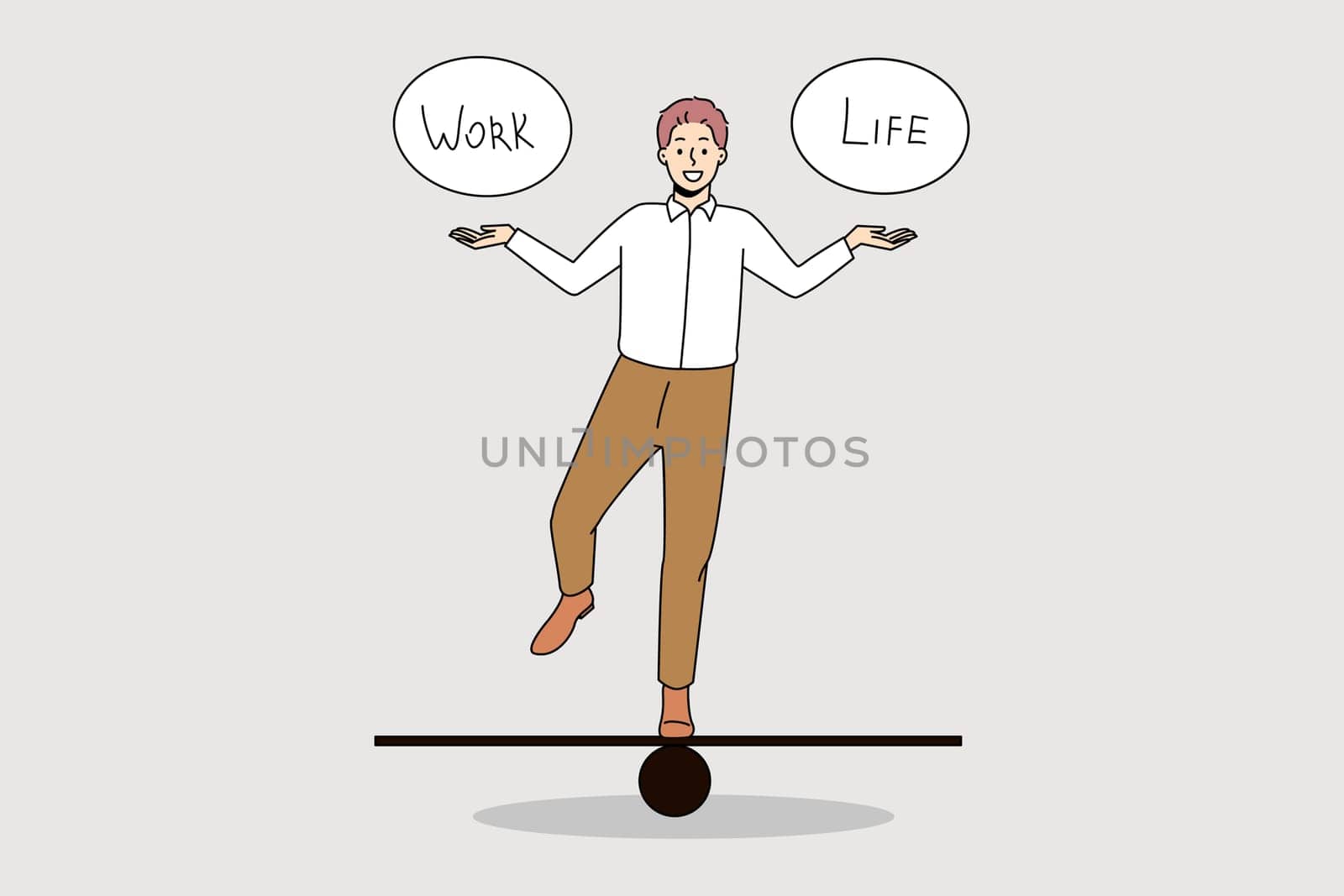 Happy businessman keep balance on board between work and personal life. Smiling successful male manager or employee perfect job and lifestyle scheme. Cartoon character, vector illustration.