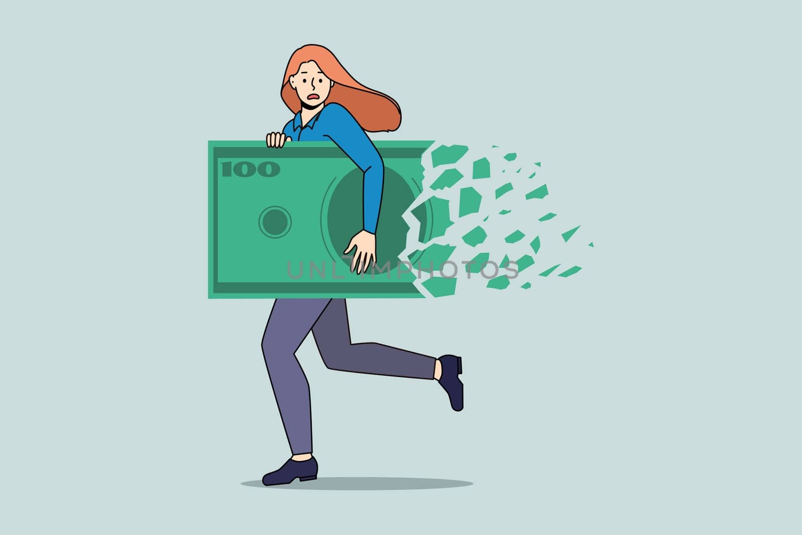 Businesswoman run with dollar bill collapsing. Money loss and decline in value. Girl with banknote struggle with financial crisis or bankruptcy. Inflation and deflation concept. Vector illustration.