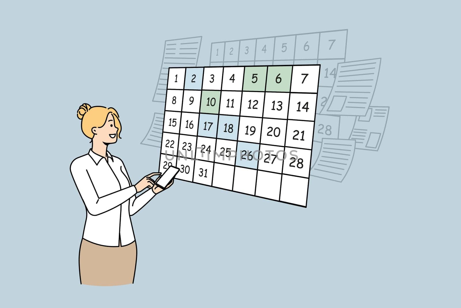 Businesswoman use smartphone plan appointment for day in calendar application. Woman scheduling appointments and events on cellphone app. Time management. Vector illustration.