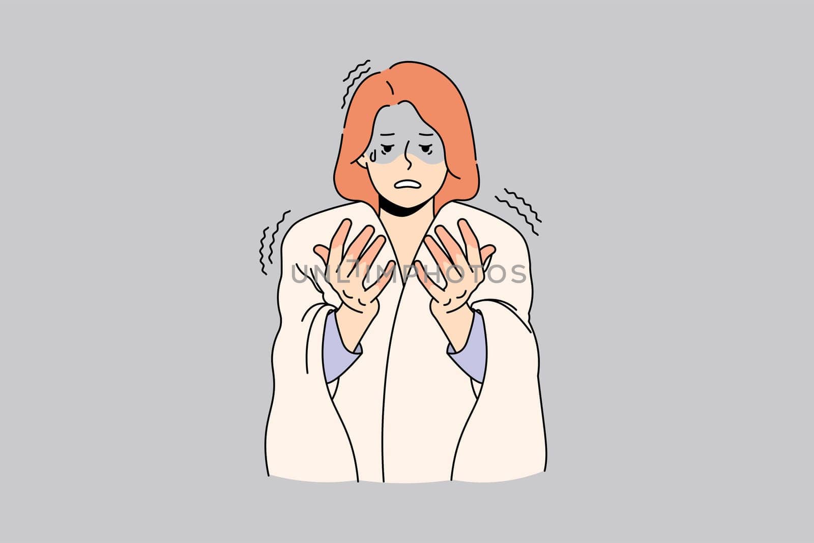 Unhappy woman feel anxious look at red hands suffer from sickness or illness. Upset female with blanket on shoulders have fingers frostbite struggle with cold weather. Vector illustration.