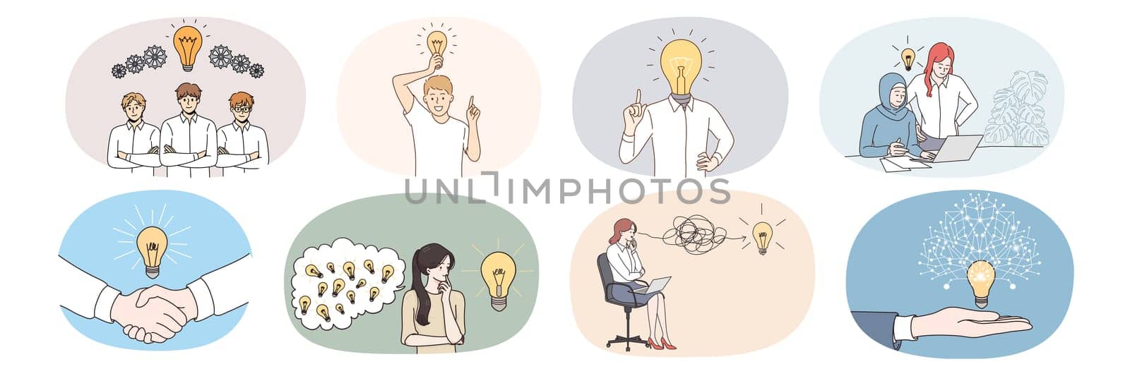 Set of diverse businesspeople with light bulb think of problem solution. Collection of employees or workers with lightbulb brainstorm generate innovative business idea. Vector illustration.