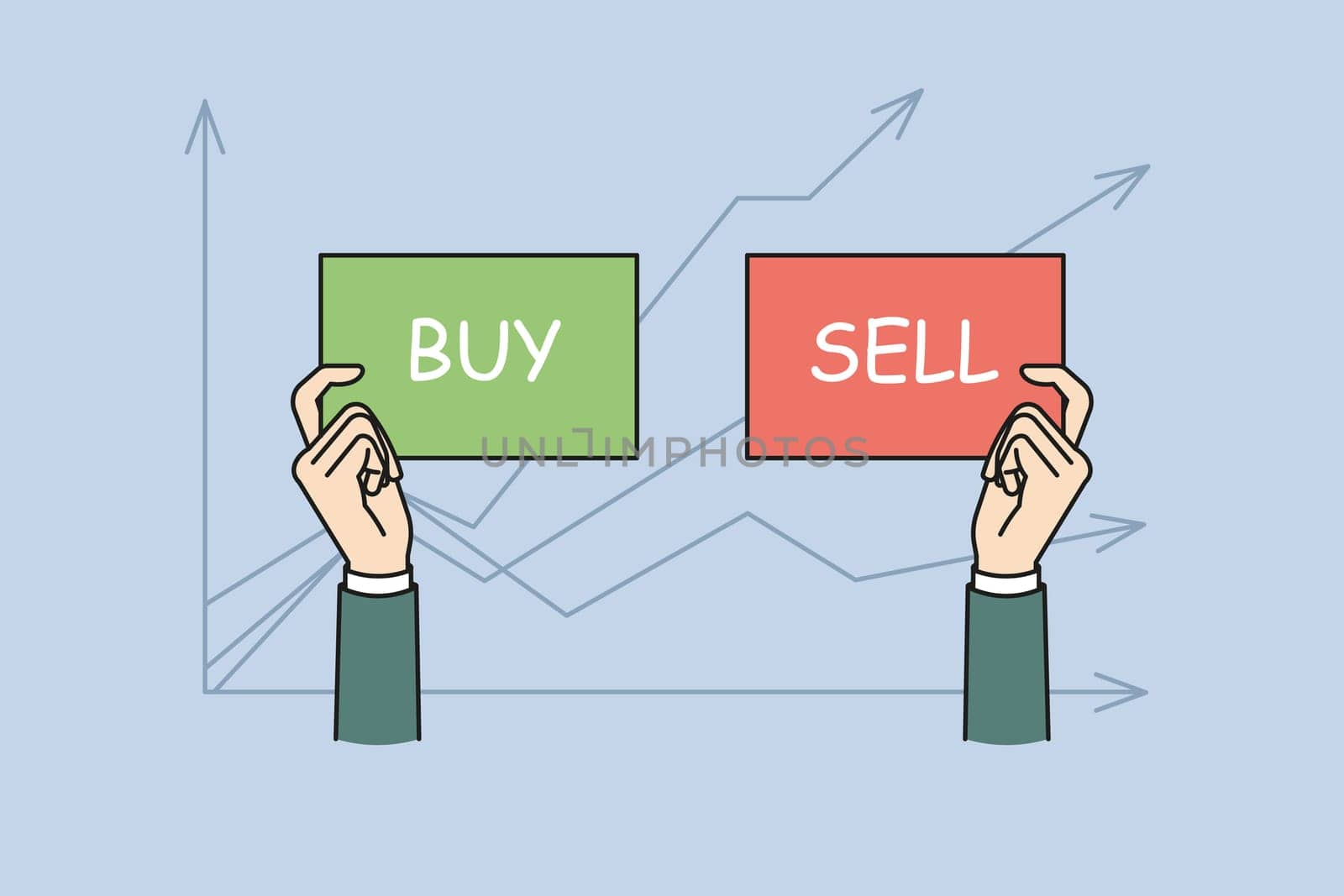 Businessman hands on stock market chart background hold Buy and Sell signs. Man trader or investor exchange business data. Trading and investing concept. Flat vector illustration.