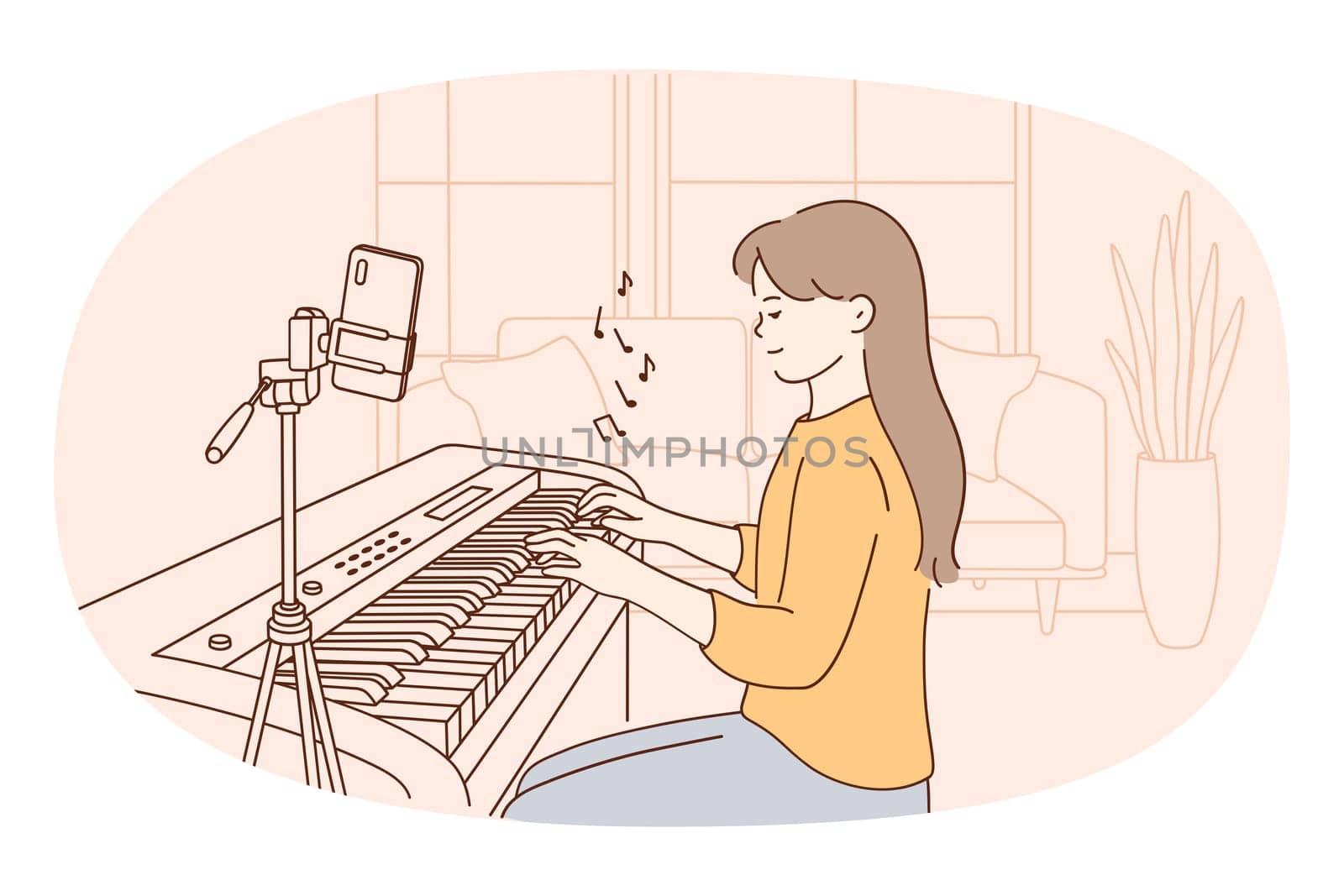 Vlogger and music record concept. Young female sitting playing piano making record of music on smartphone on tripod for her social media vector illustration