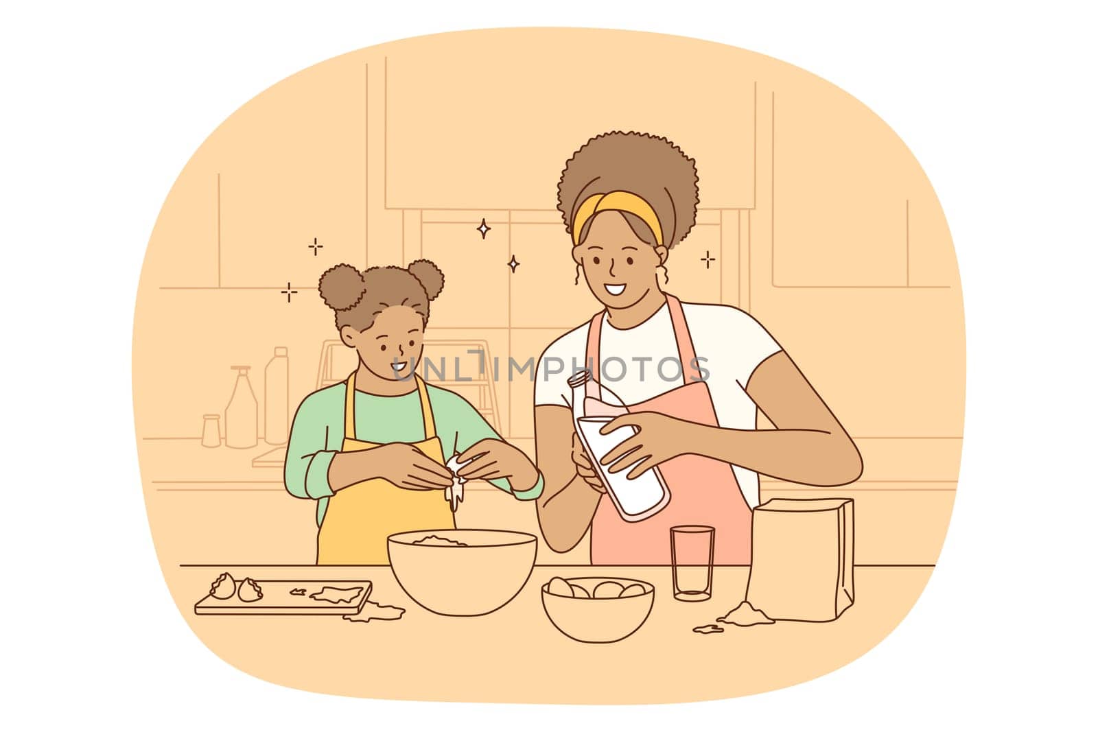 Cooking with family and leisure concept. Happy positive black mother and her daughter standing in kitchen at home making dough and cooking together pie or cake vector illustration