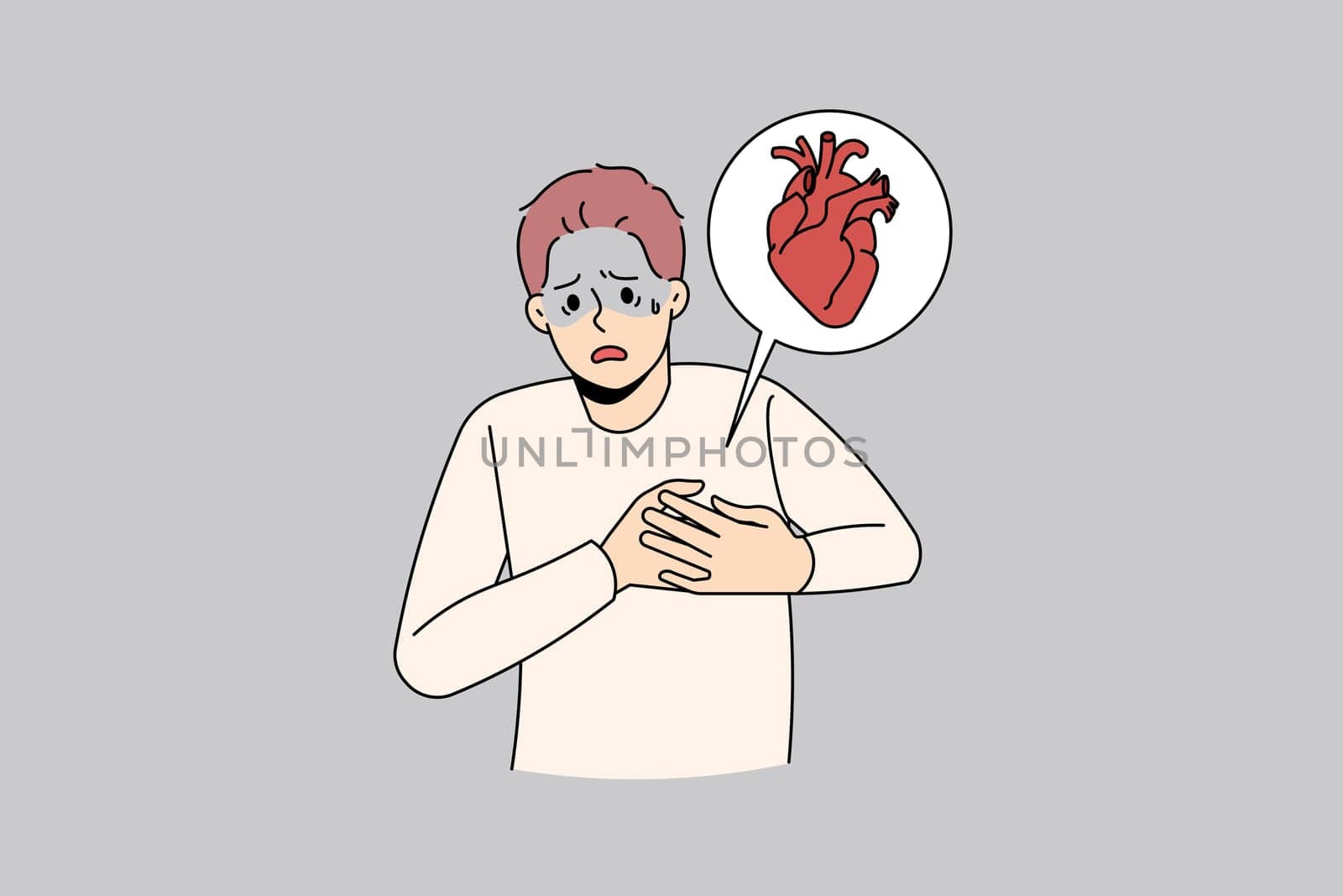 Unwell man feel sick suffer from heart stroke. Sick unhappy guy touch upper chest having cardiovascular problems need doctor help. Healthcare and medicine. Vector illustration.