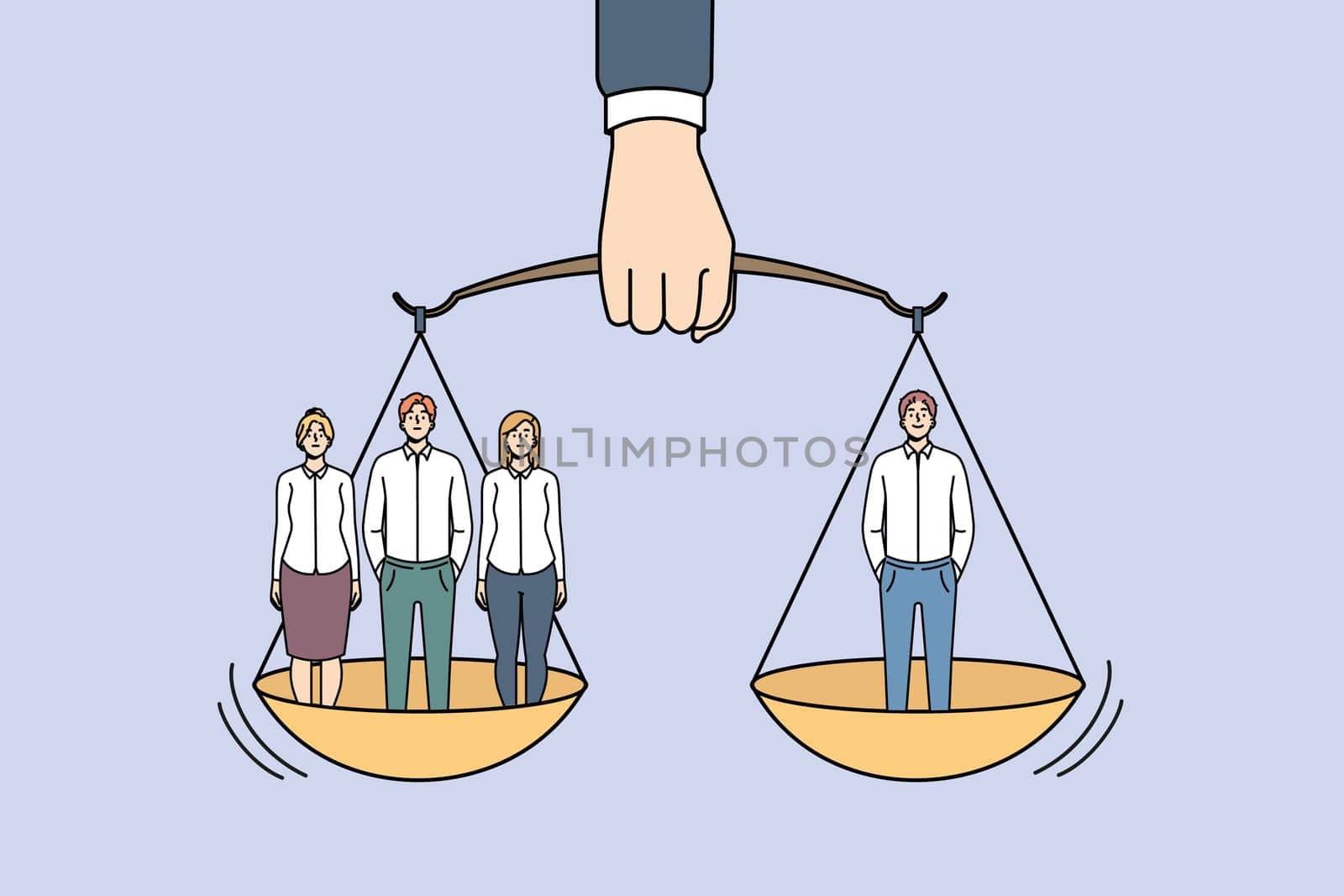Businessman hand hold scales with one man weight same as group of people. Employees team and separate worker balance on weighs. Inequality of rights and power. Vector illustration.