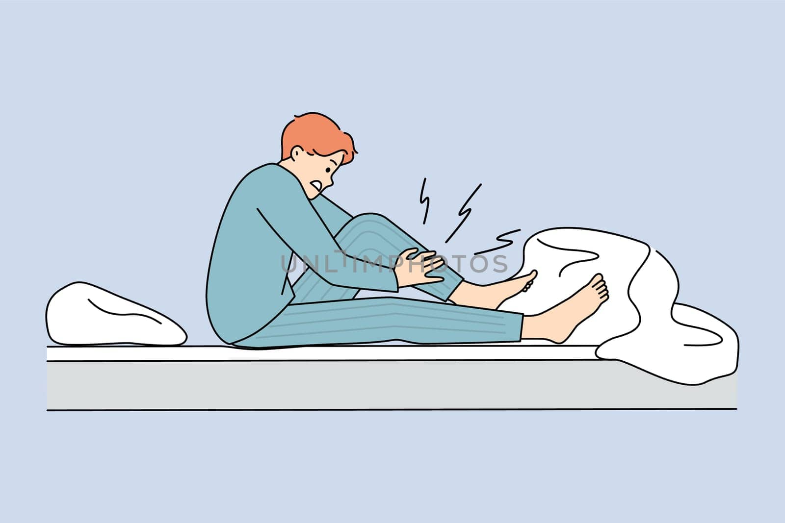 Man wake up at night suffer from cramp massage leg. Unhealthy unwell guy awaken in bed struggle with sudden muscle strain or spasm at home. Healthcare concept. Vector illustration.