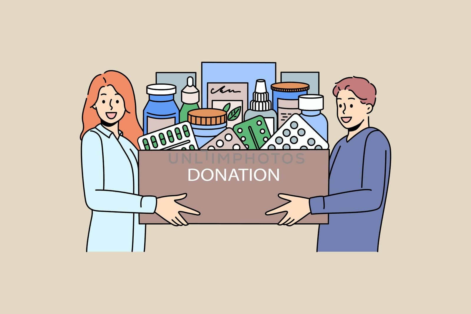 Smiling diverse people hold box with medications donate to poor needy people. Caring man and woman make medicaments or drugs donation. First aid, charity and volunteer. Vector illustration.