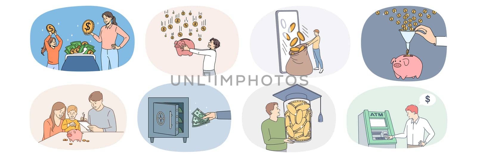 Set of diverse people saving money for future needs. Collection of persons collect coins and banknotes make investment. Banking and finance concept. Credit and deposit. Flat vector illustration.