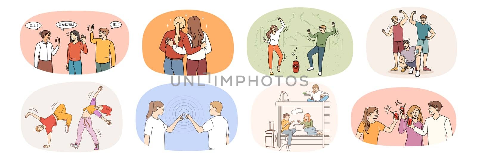 Set of smiling young people relax together on leisure weekend in campus. Collection of happy overjoyed millennial friends have fun enjoy summer vacation. Friendship. Vector illustration.