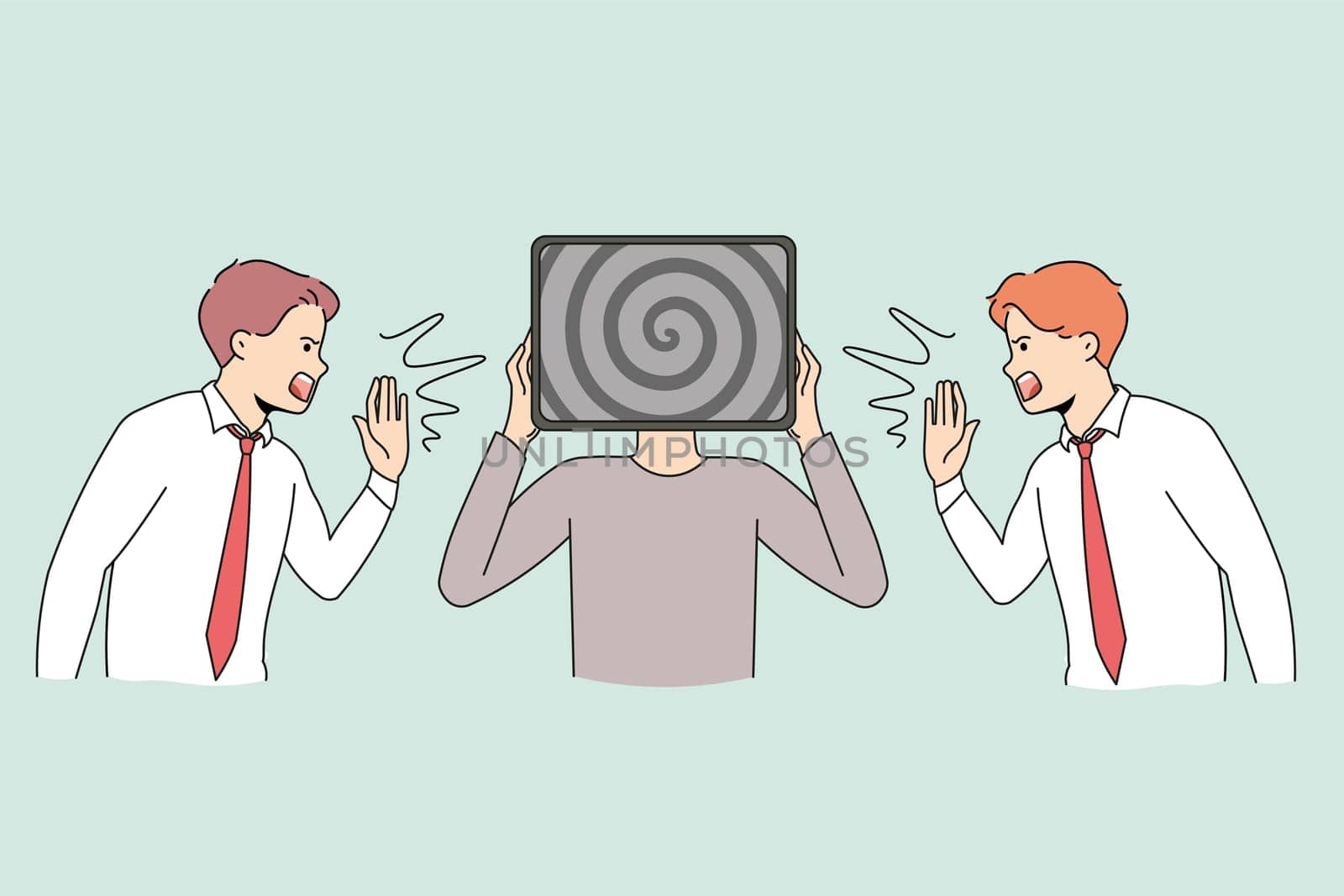 Men screaming to person feeling overwhelmed with information from TV screen. People shout and yell advertising content. Concept of data war or overwhelm. Vector illustration.