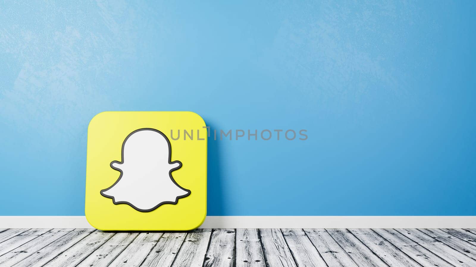 Snapchat Logo 3D Symbol Shape on Wooden Floor Against Blue Wall with Copy Space 3D Render Illustration