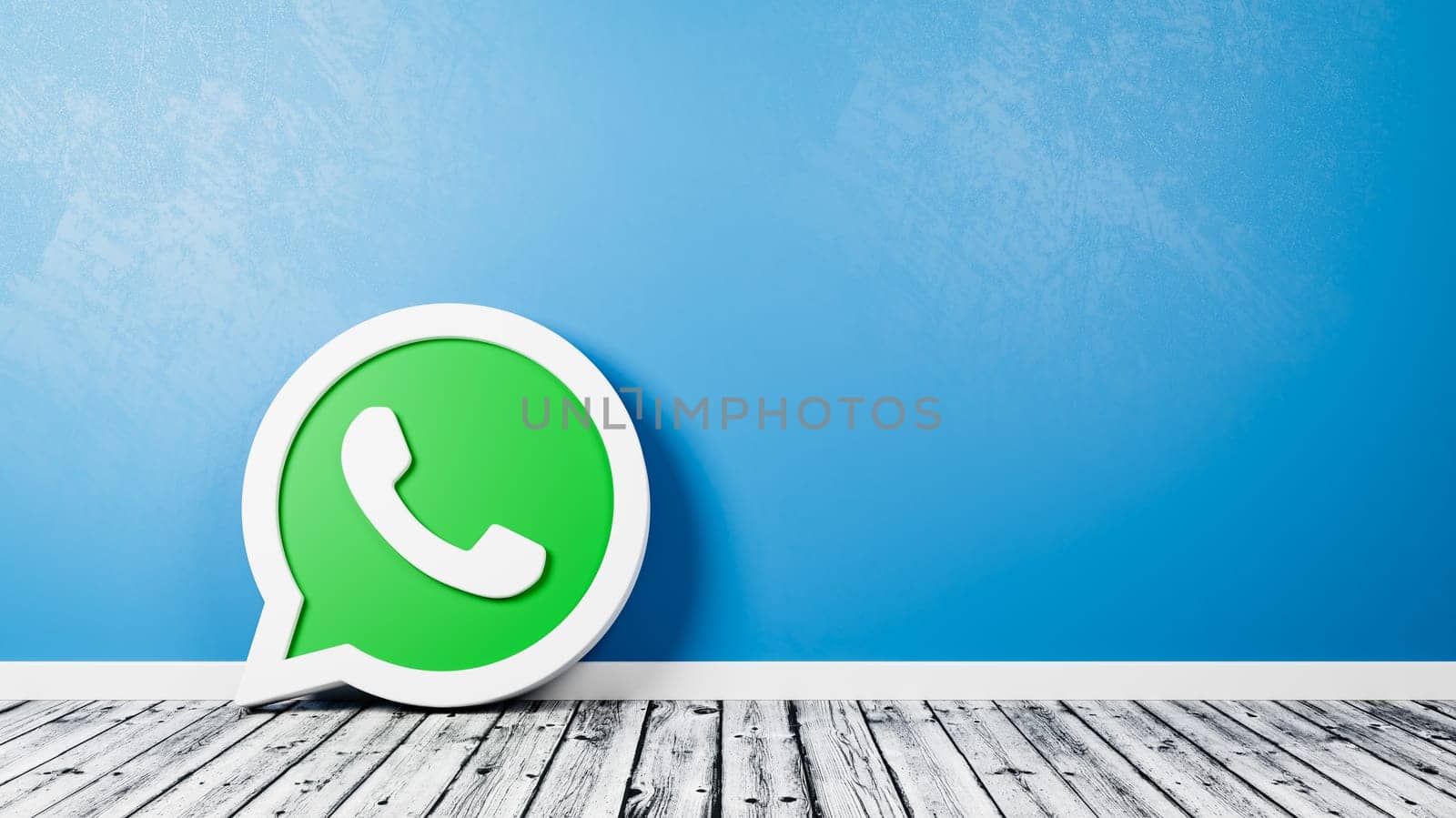 Whatsapp Logo 3D Symbol Shape on Wooden Floor Against Blue Wall with Copy Space 3D Render Illustration