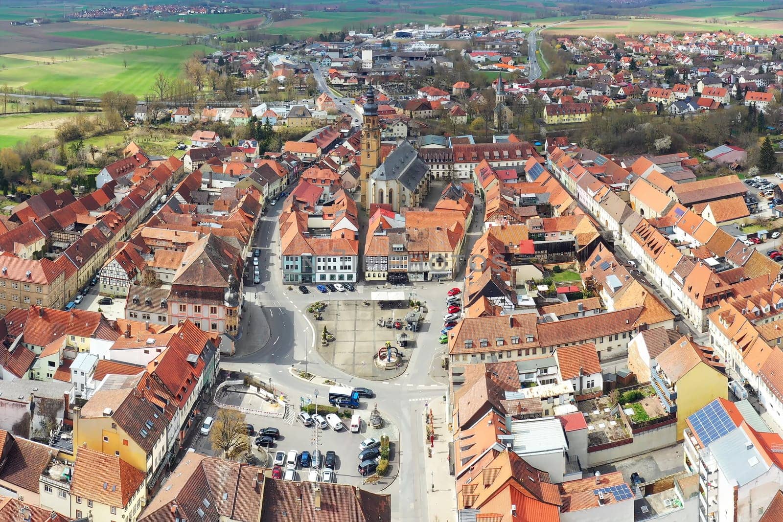 Aerial view of Bad Koenigshofen with sights of the city