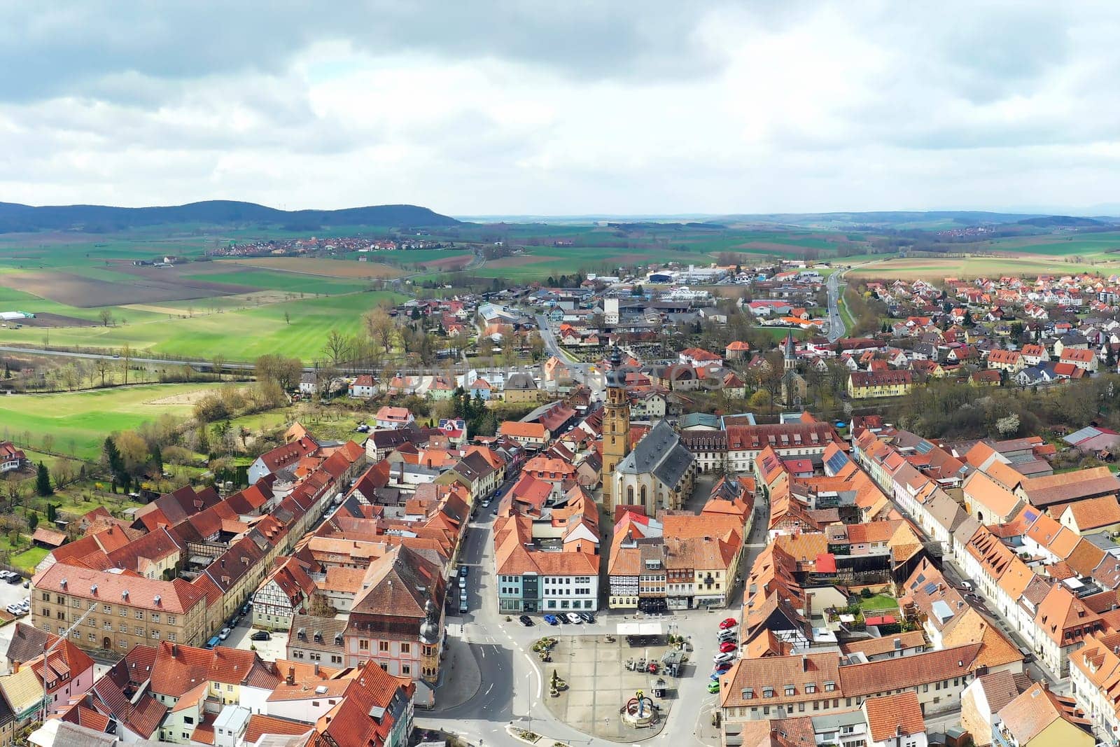 Aerial view of Bad Koenigshofen with sights of the city