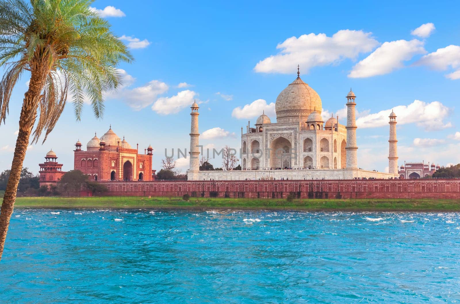 Taj Mahal back view over the Yamuna, Agra, India.