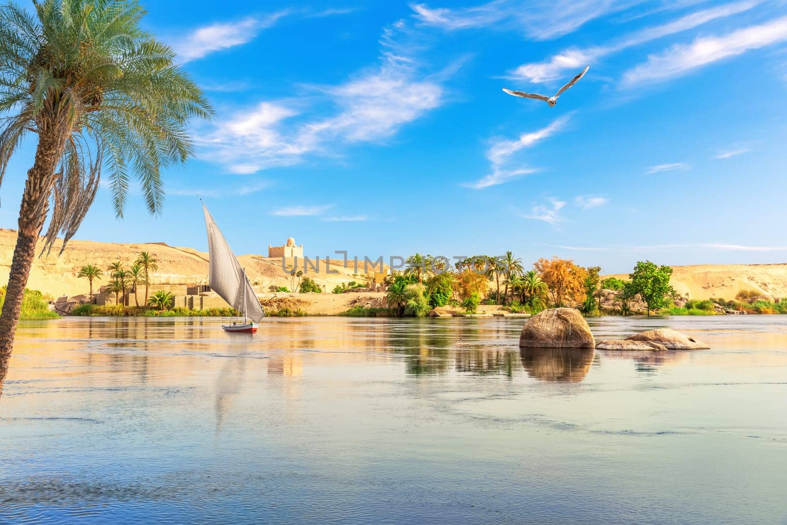 The Nile river picturesque scenery, Aswan city, Egypt.