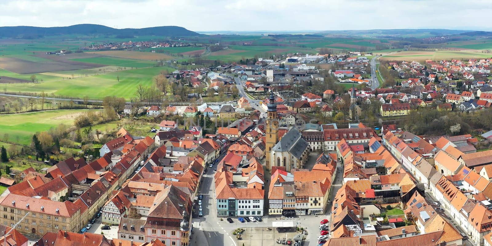 Aerial view of Bad Koenigshofen with sights of the city