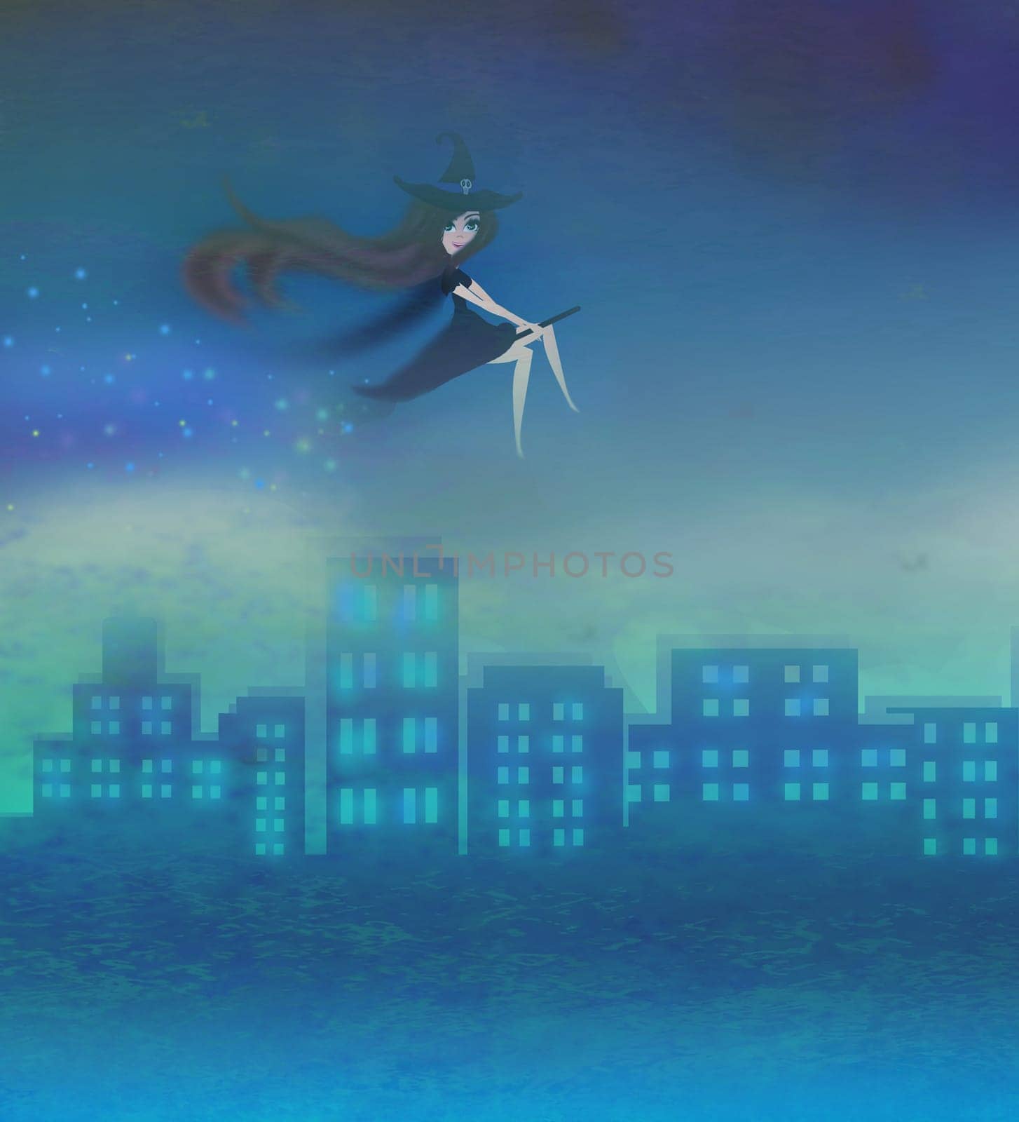 Witch flying over the city