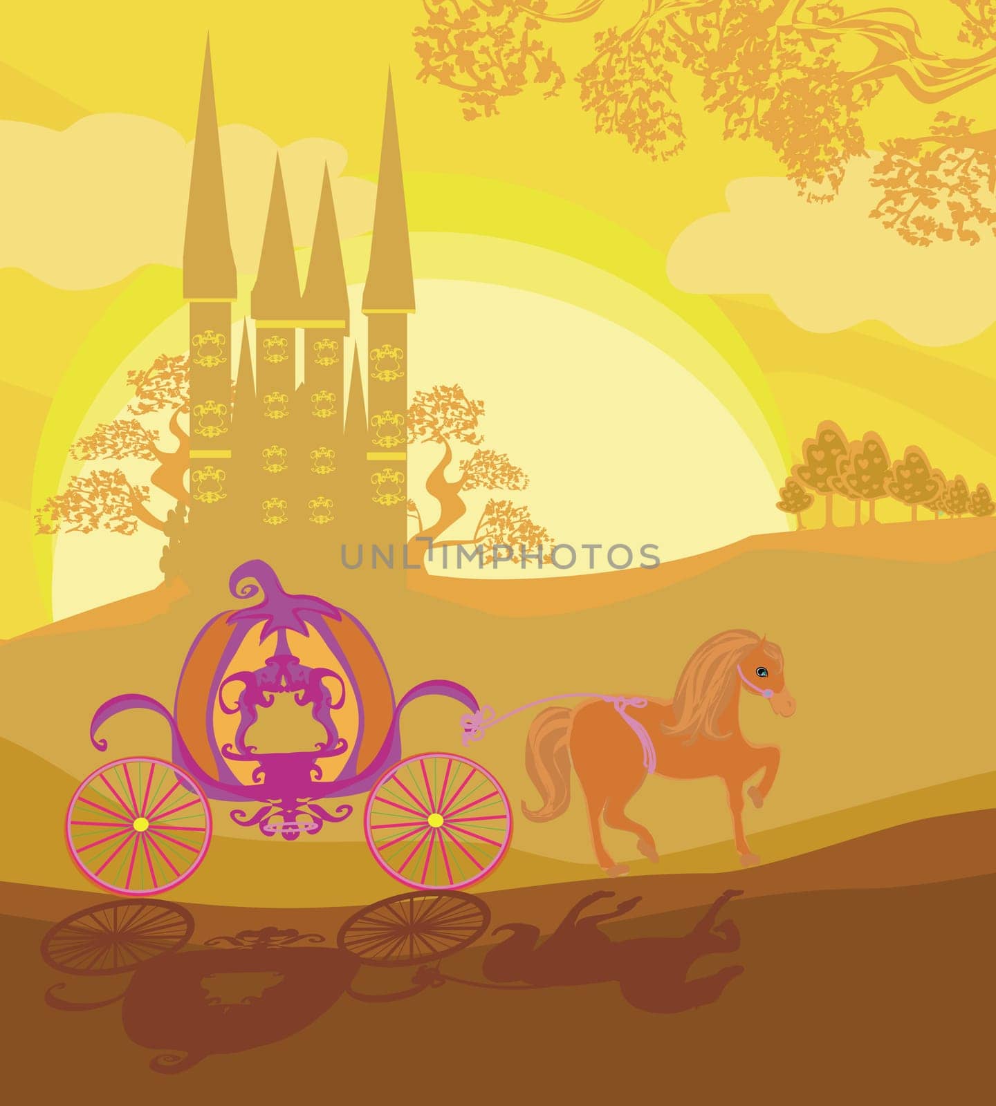 horse carriage pumpkin and a medieval castle