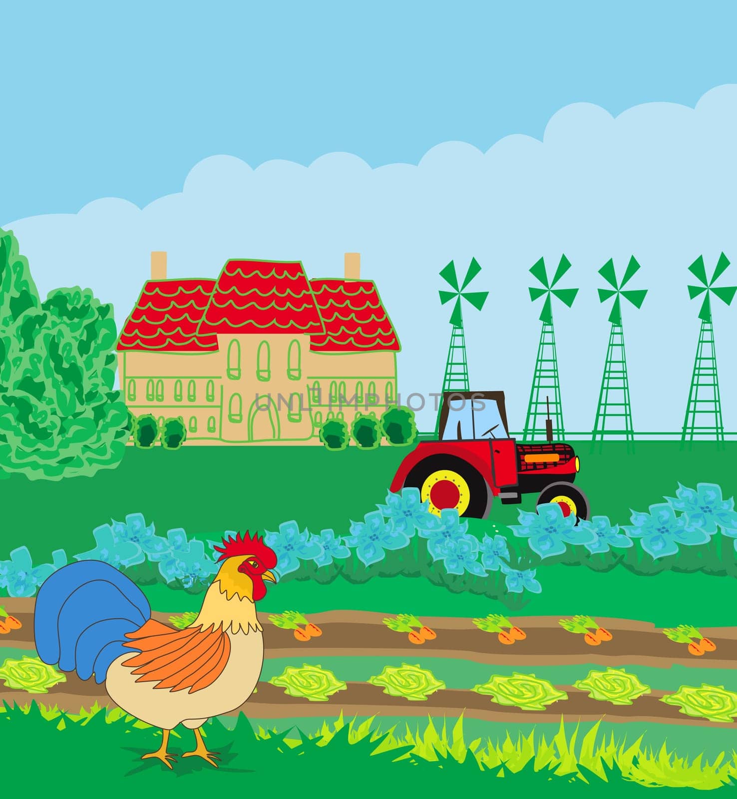 rural landscape with roster tractor and a beautiful country house