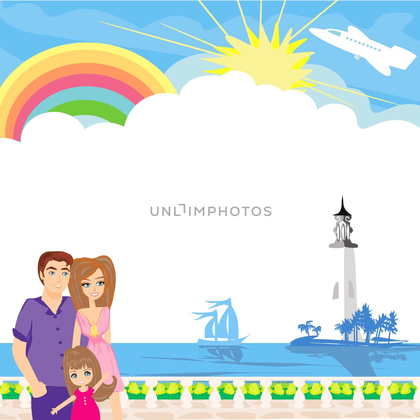 happy family on tropical vacation - card with place for text