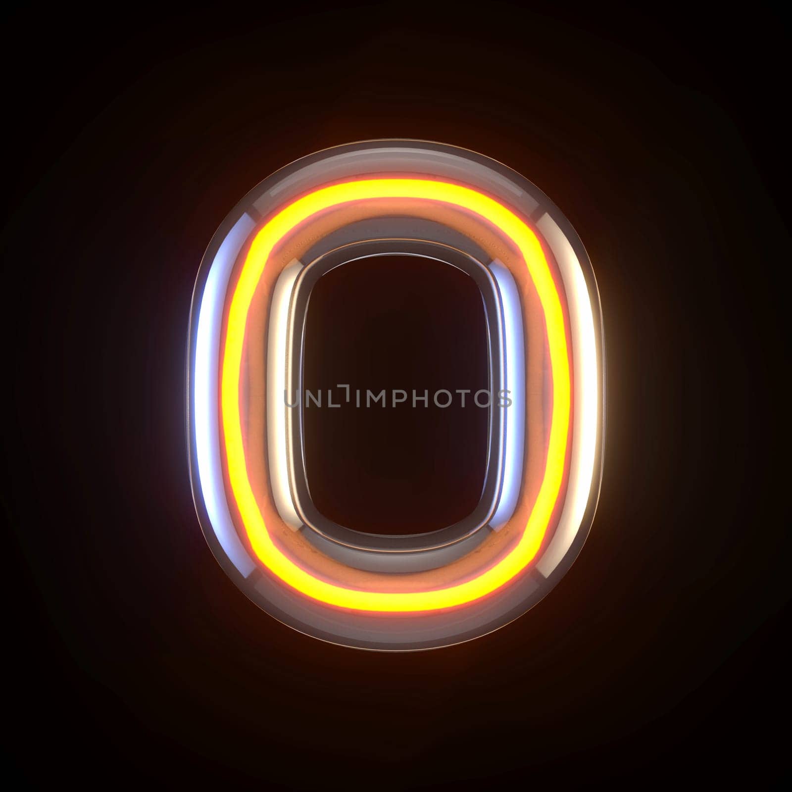 Glowing glass tube font Number 0 ZERO 3D render illustration isolated on black background