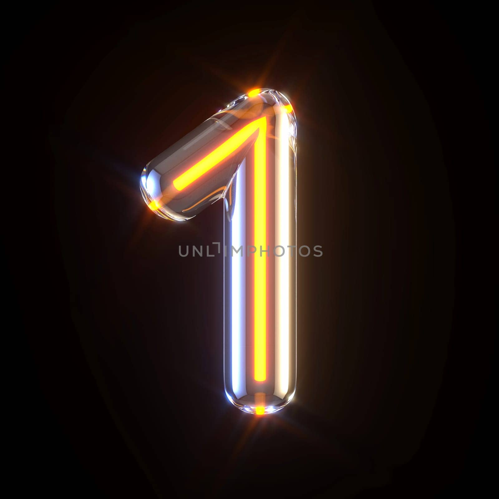 Glowing glass tube font Number 1 ONE 3D render illustration isolated on black background