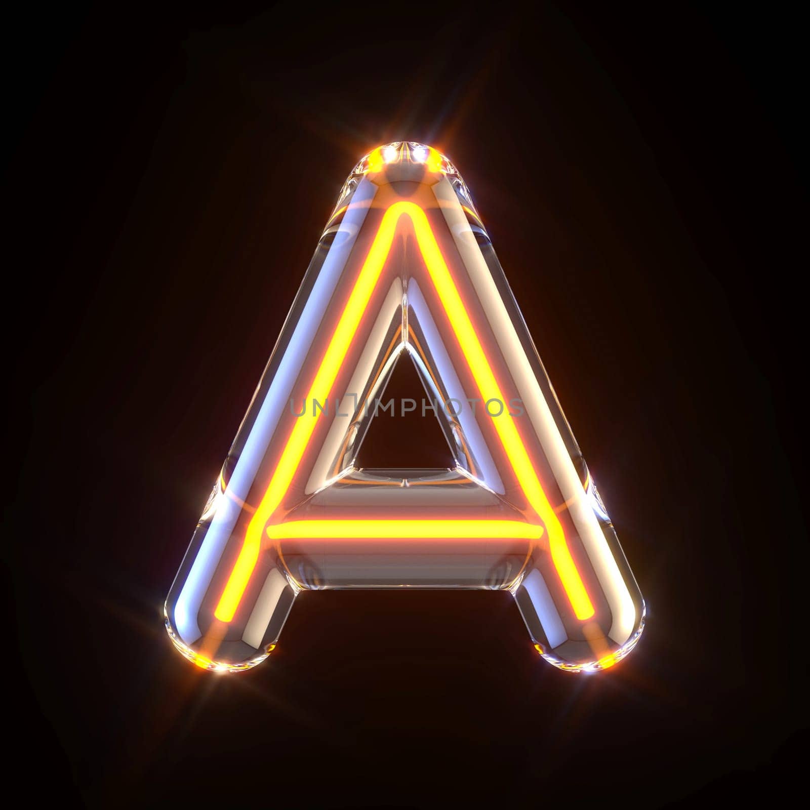 Glowing glass tube font Letter A 3D render illustration isolated on black background