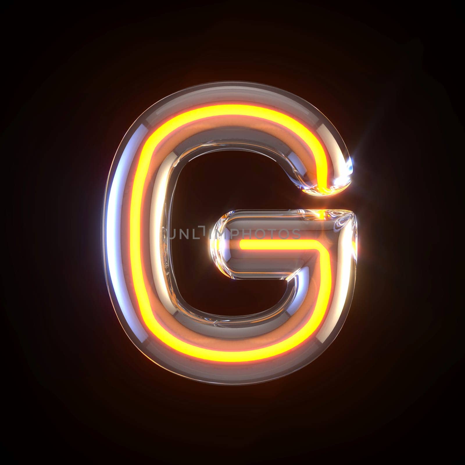 Glowing glass tube font Letter G 3D render illustration isolated on black background
