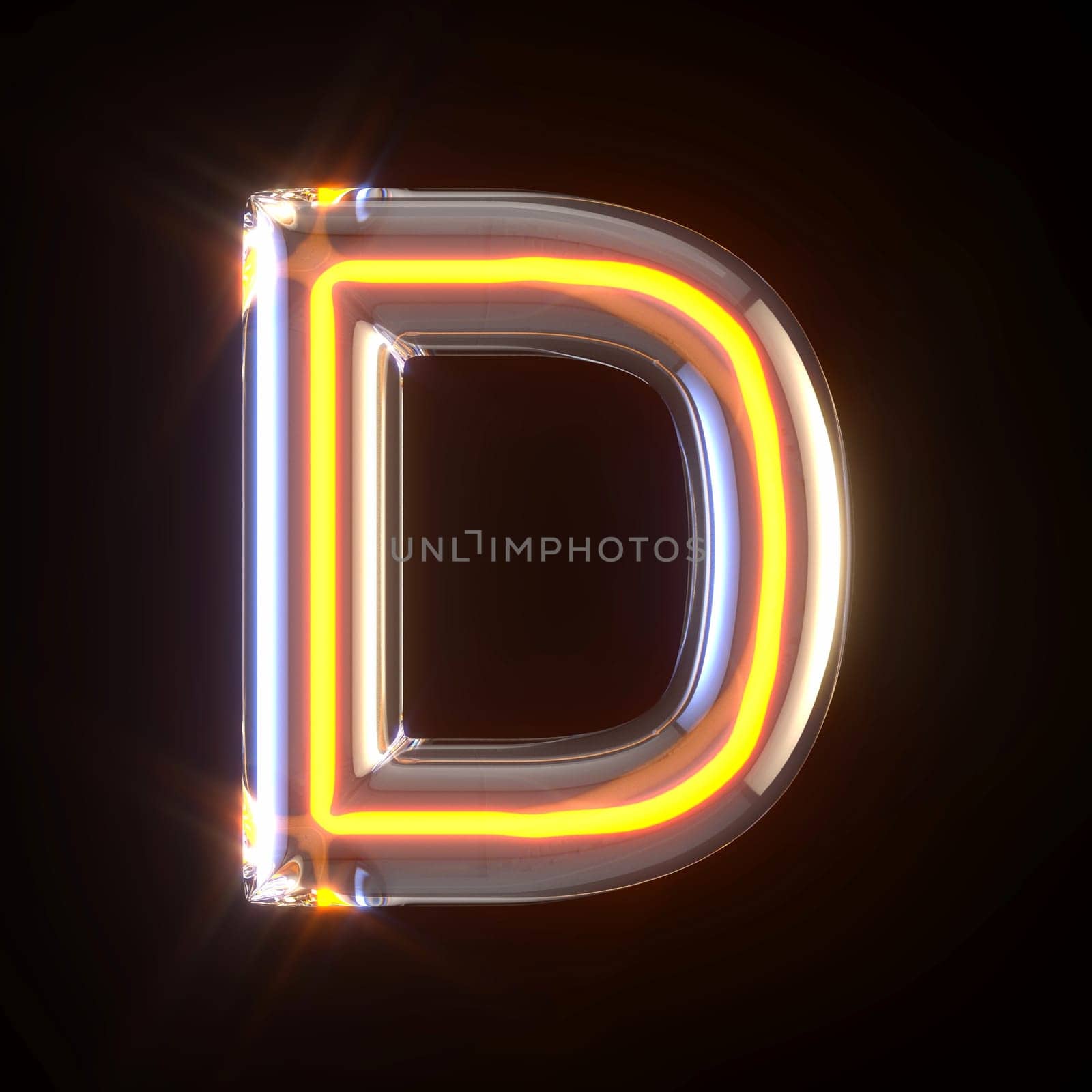 Glowing glass tube font Letter D 3D render illustration isolated on black background