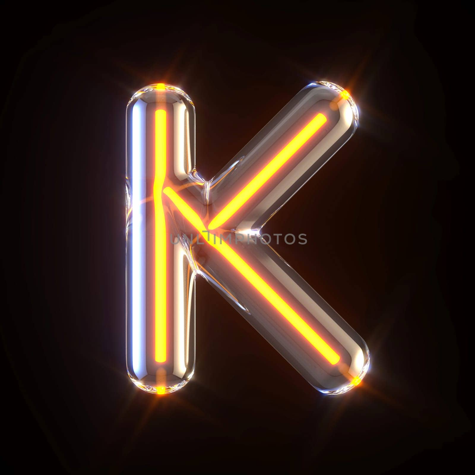 Glowing glass tube font Letter K 3D render illustration isolated on black background